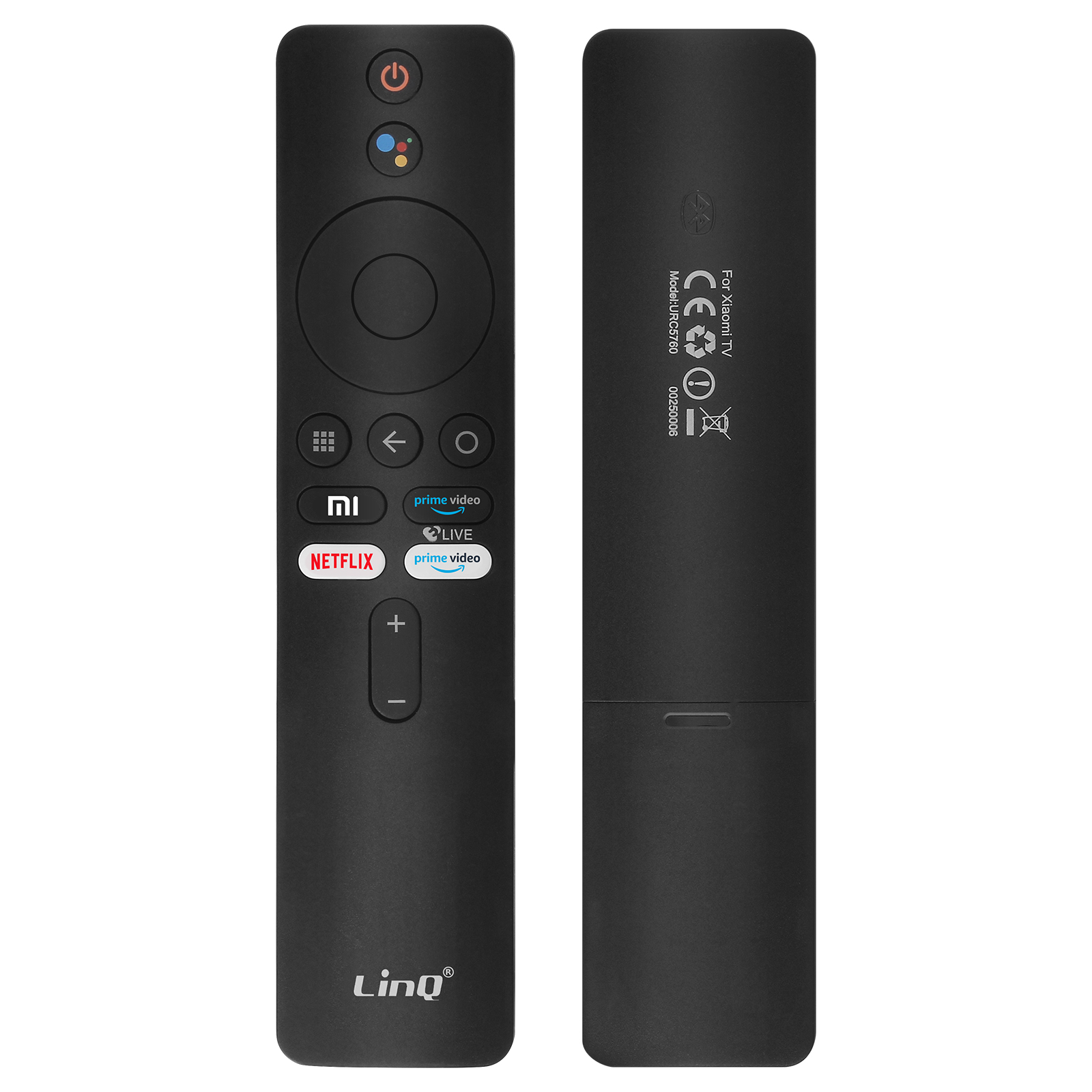 Mando a distancia negro de Xiaomi TV. Botones incluyen encendido, Google Assistant, Netflix y volumen. La parte trasera tiene información del modelo.