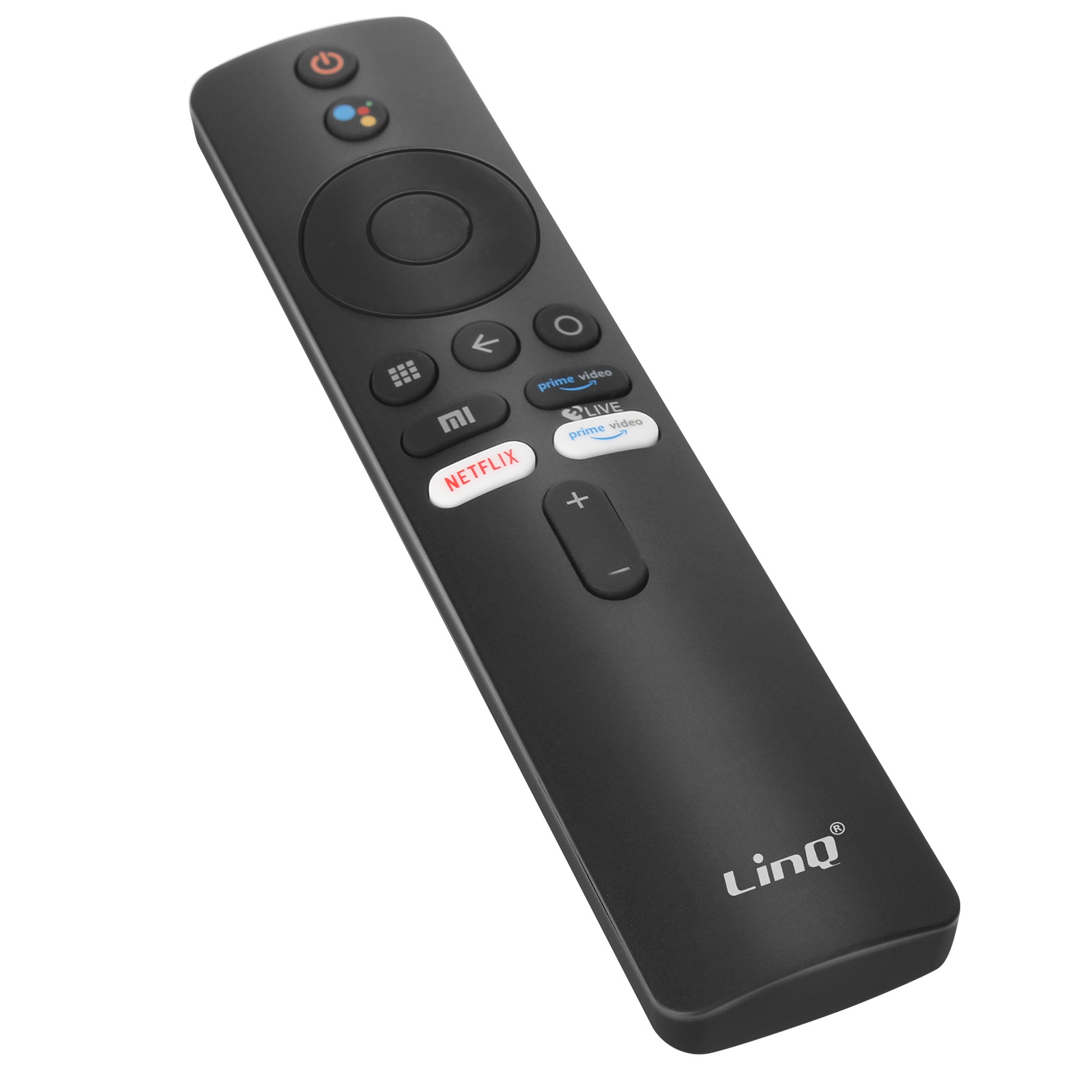 Mando a distancia de TV negro con botones de encendido, Netflix, volumen y Prime Video. Tiene un panel de navegación circular.