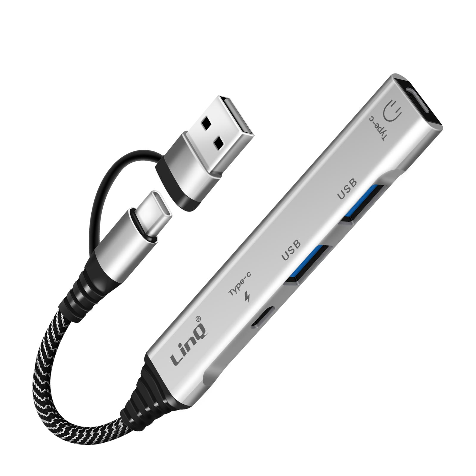 Silberner USB-Hub mit USB-A- und Typ-C-Anschlüssen, einem USB-A-Kabel und einem geflochtenen schwarzen Kabel, auf weißem Hintergrund.