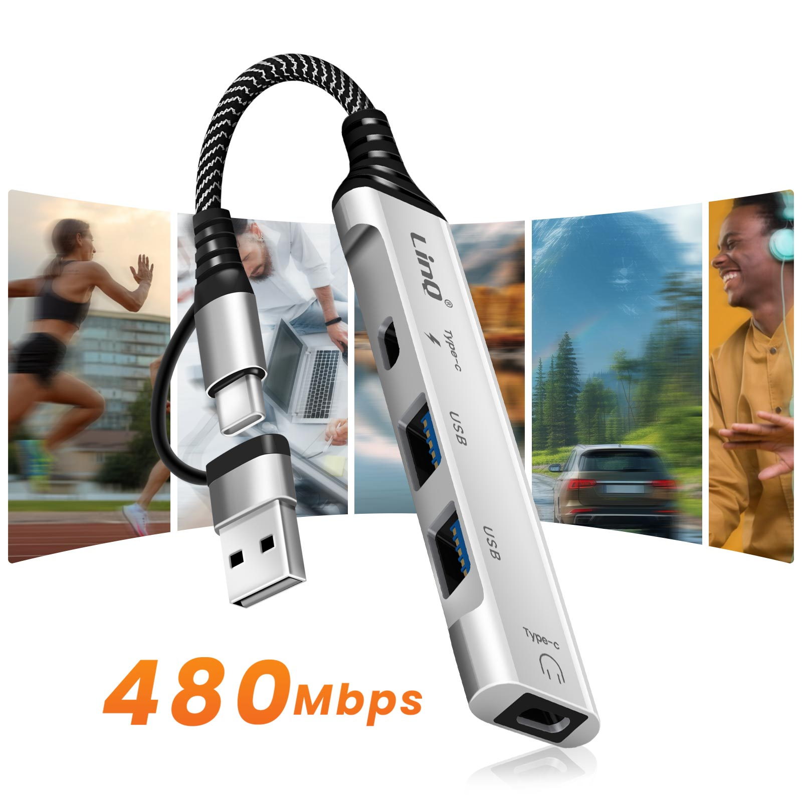 Ein silberner USB-Hub mit mehreren Anschlüssen, verbunden mit einem USB-C- und USB-Anschluss, mit Menschen und einem Auto im Hintergrund.