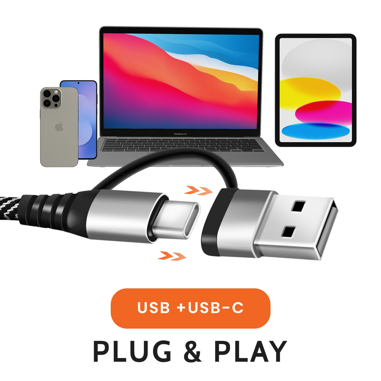 Das Bild zeigt ein USB-C- und USB-Kabel, das verbunden ist, mit einem Laptop, Telefon und Tablet im Hintergrund.