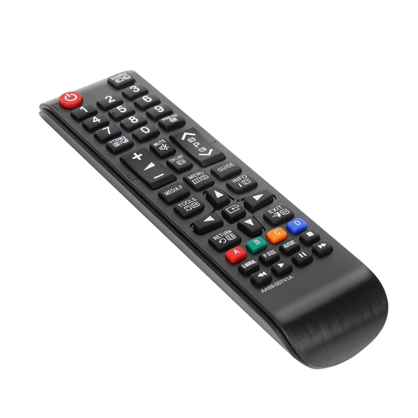 Un mando a distancia negro con muchos botones, incluyendo números, volumen y controles de canal, sobre un fondo blanco.