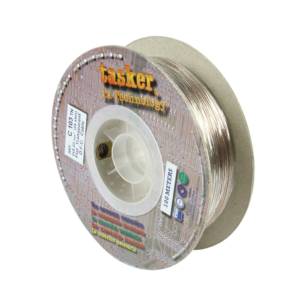 Una bobina de cable Tasker, plástico transparente, con cables de cobre visibles. Las etiquetas indican 100 metros y especificaciones técnicas.