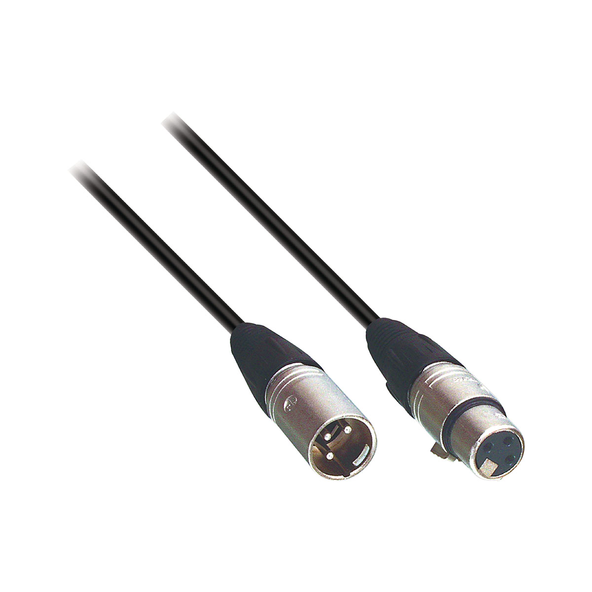 Due cavi audio XLR neri con connettori argentati su sfondo bianco.