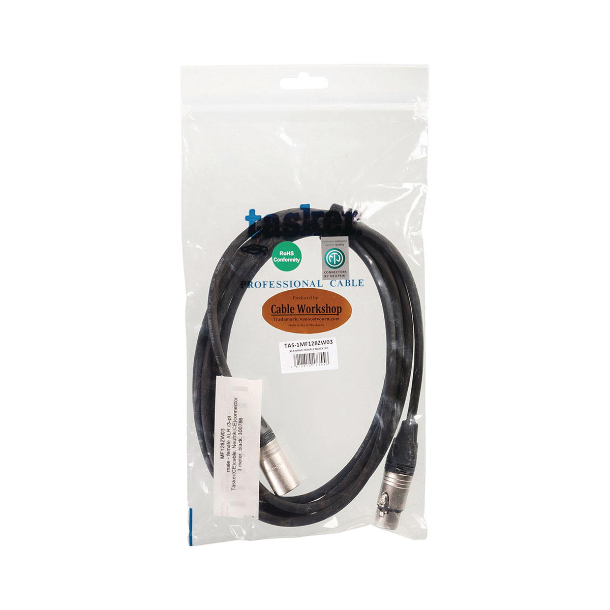 Un cavo professionale nero con connettori, confezionato in un sacchetto di plastica trasparente.