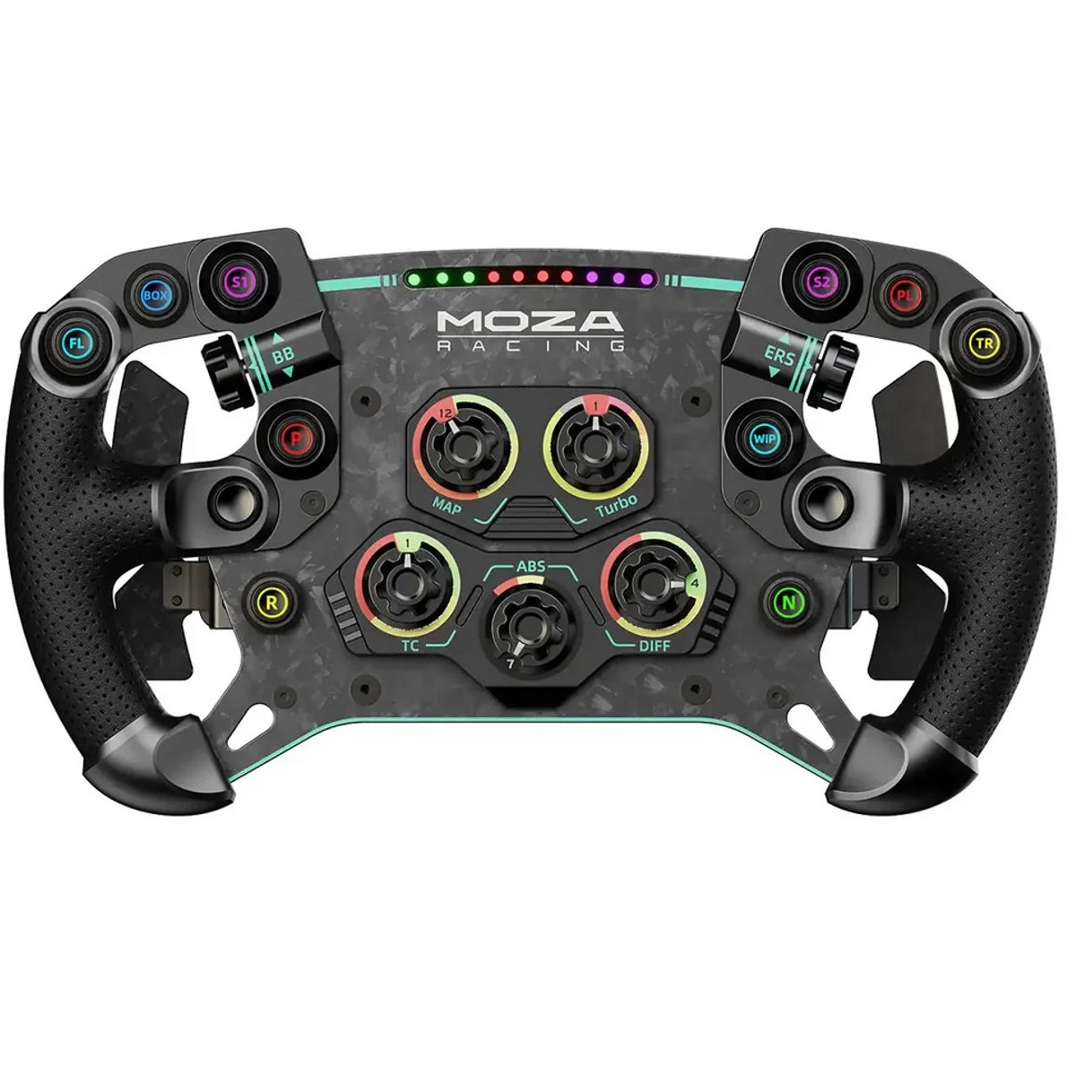Ein Rennlenkrad mit mehreren Knöpfen, Drehreglern und einem Display. Das Rad ist schwarz mit Carbonfaserstruktur und MOZA Racing-Branding.