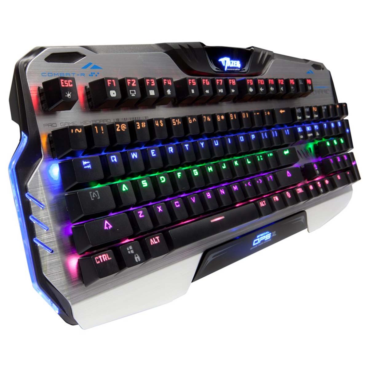 Een gamingtoetsenbord met verlichte toetsen. Het toetsenbord heeft functietoetsen en numerieke toetsen met het Razer-logo.