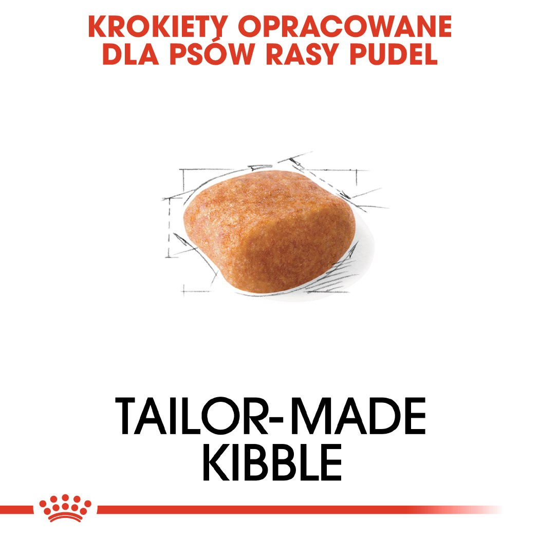 La imagen muestra croquetas de comida para perros, con texto 'Tailor-Made Kibble' y texto polaco. Es de color marrón anaranjado sobre fondo blanco.