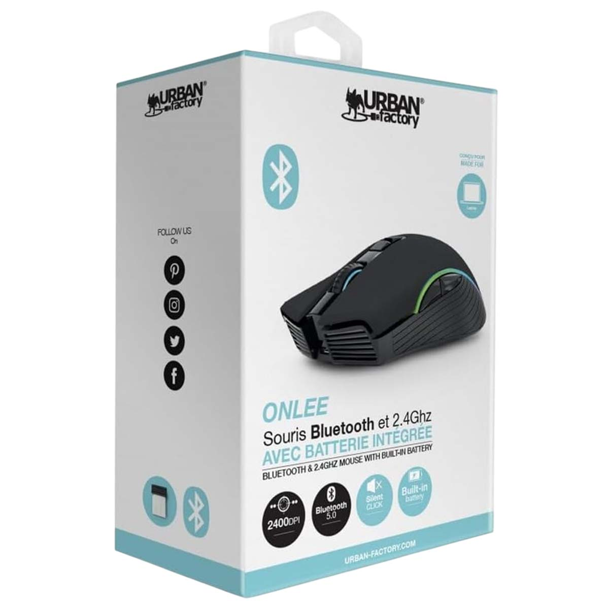 Una caja con un ratón negro. El texto dice 'ONLEE Souris Bluetooth' y 'URBAN factory'. La caja es blanca con asa.