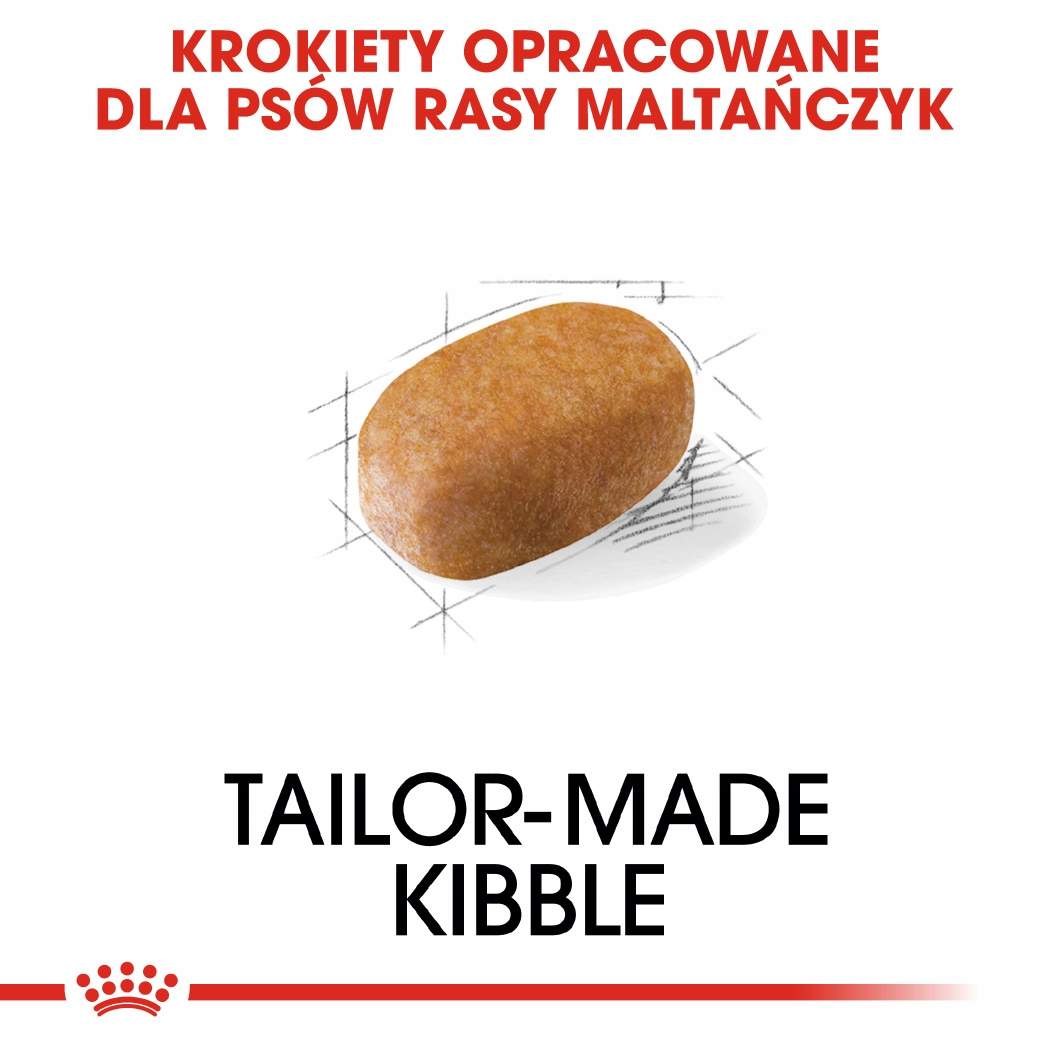 Krokiet na białym tle. Tekst w języku polskim i angielskim u góry i na dole, widoczne słowo 'Tailor-Made Kibble'.
