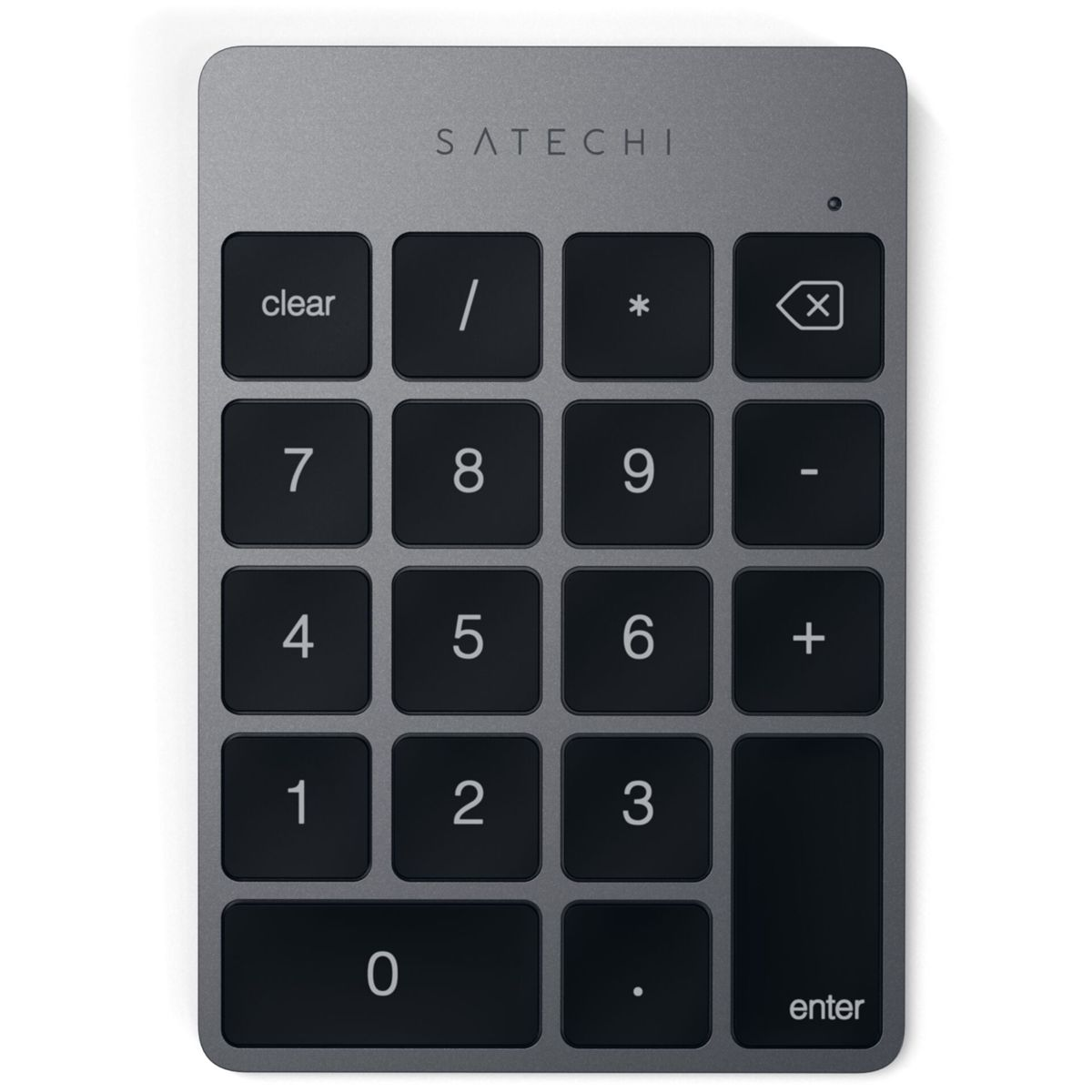 Un teclado numérico Satechi gris con teclas negras. Incluye borrar, números y símbolos. La tecla 'enter' está abajo a la derecha.
