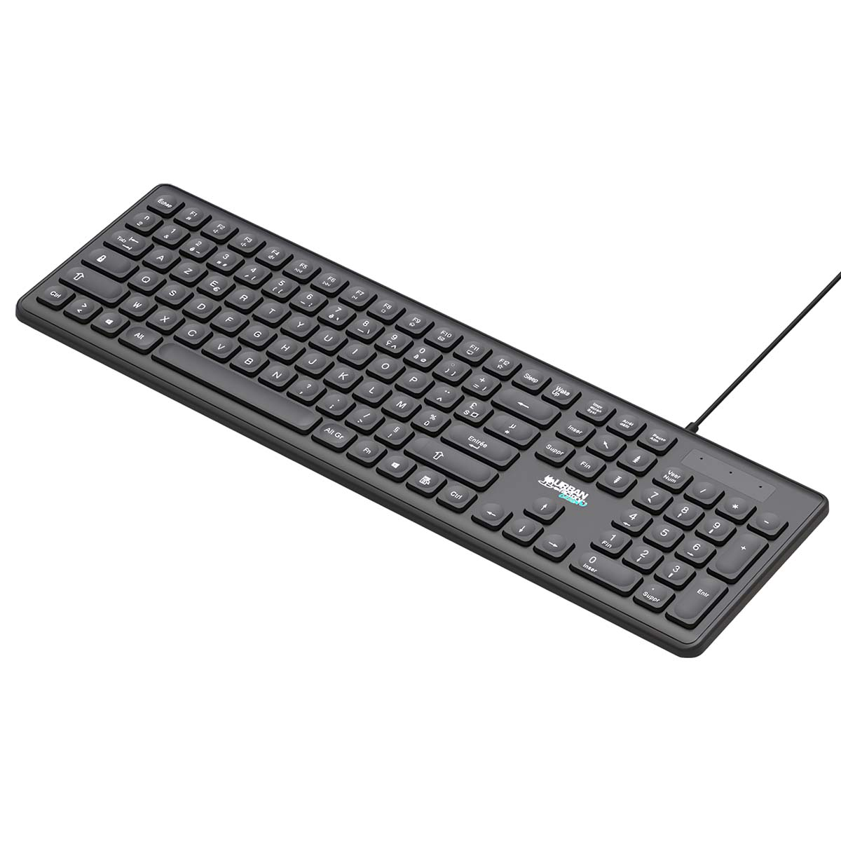 Un teclado negro con teclas blancas está sobre una superficie blanca. Un cable se extiende desde el teclado hacia la derecha.