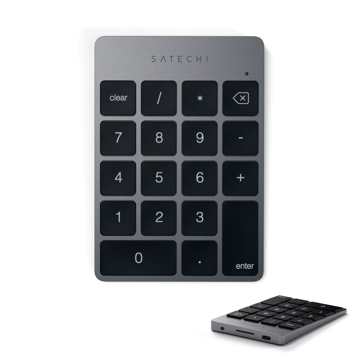 Ein graues Satechi-Ziffernfeld mit schwarzen Tasten. Darunter ist eine schräge Ansicht des Keypads zu sehen. Der Hintergrund ist weiß.