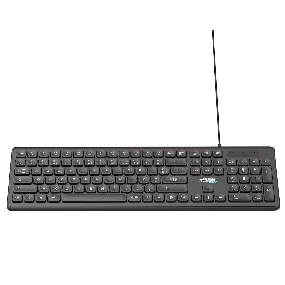 Un teclado negro con letras y números blancos. Tiene un cable y la marca es visible.