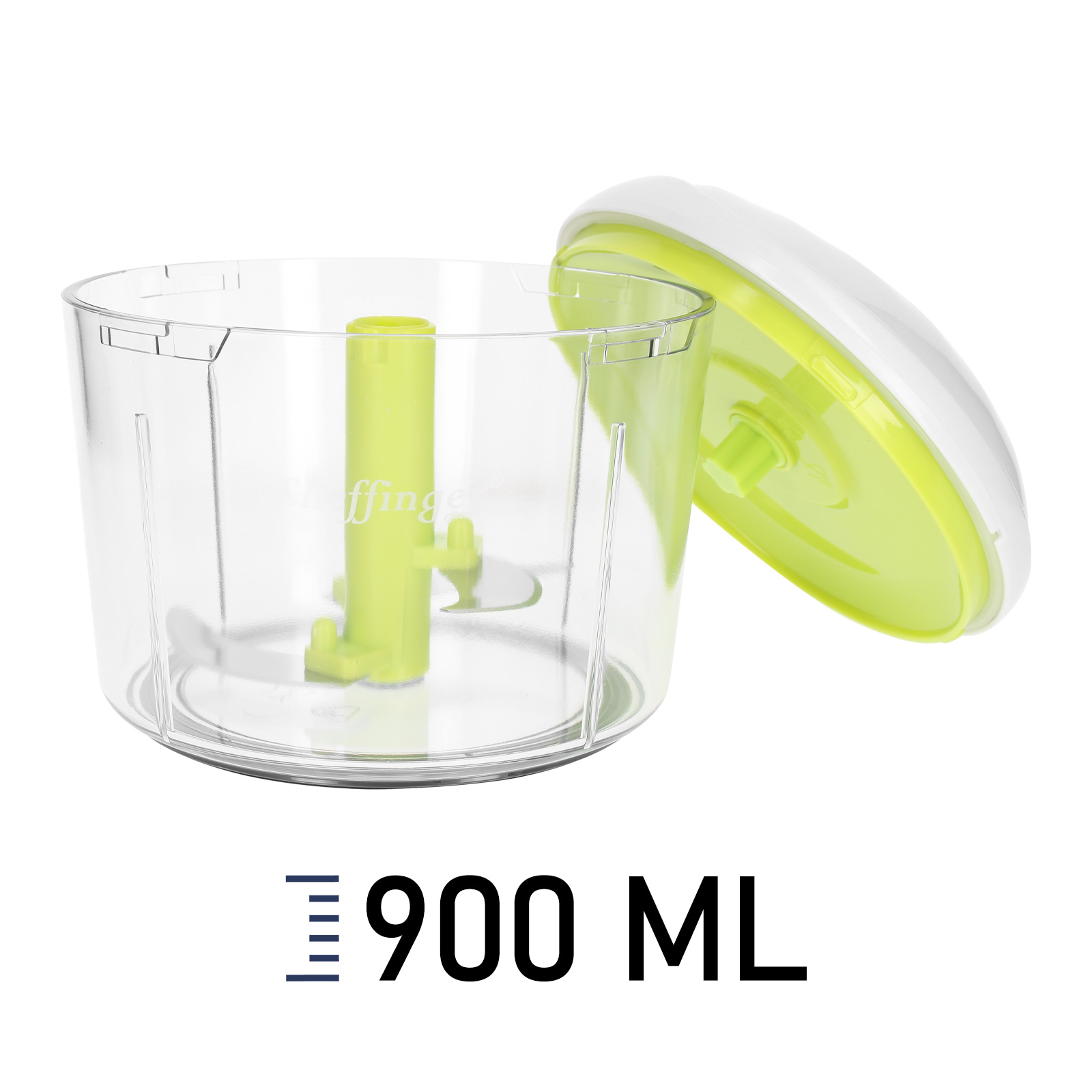 Un tritatutto trasparente con coperchio verde e bianco. Il tritatutto ha una parte centrale verde e legge 900 ML.