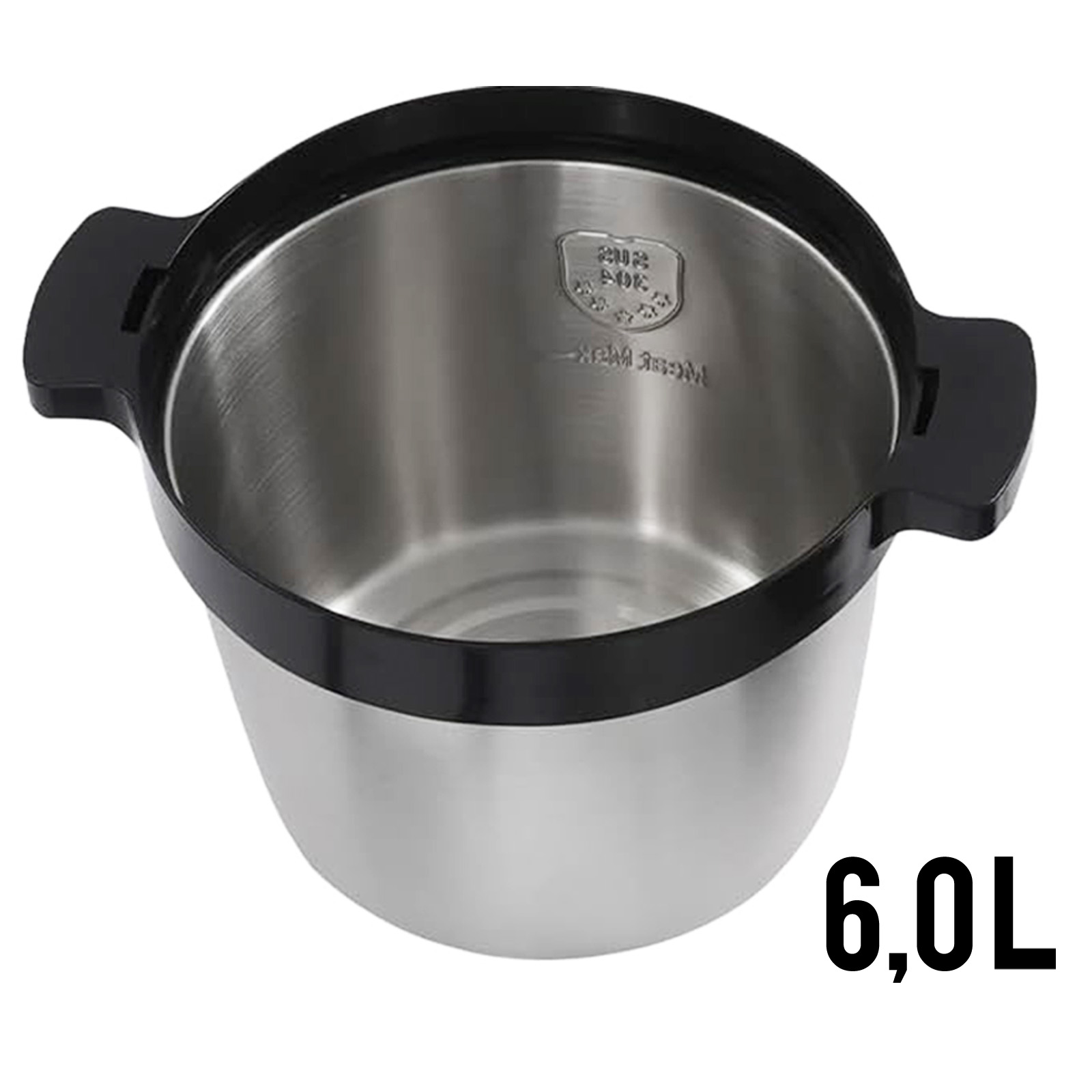 Olla de acero inoxidable con borde y asas negras. Muestra una marca de capacidad de 6,0L.