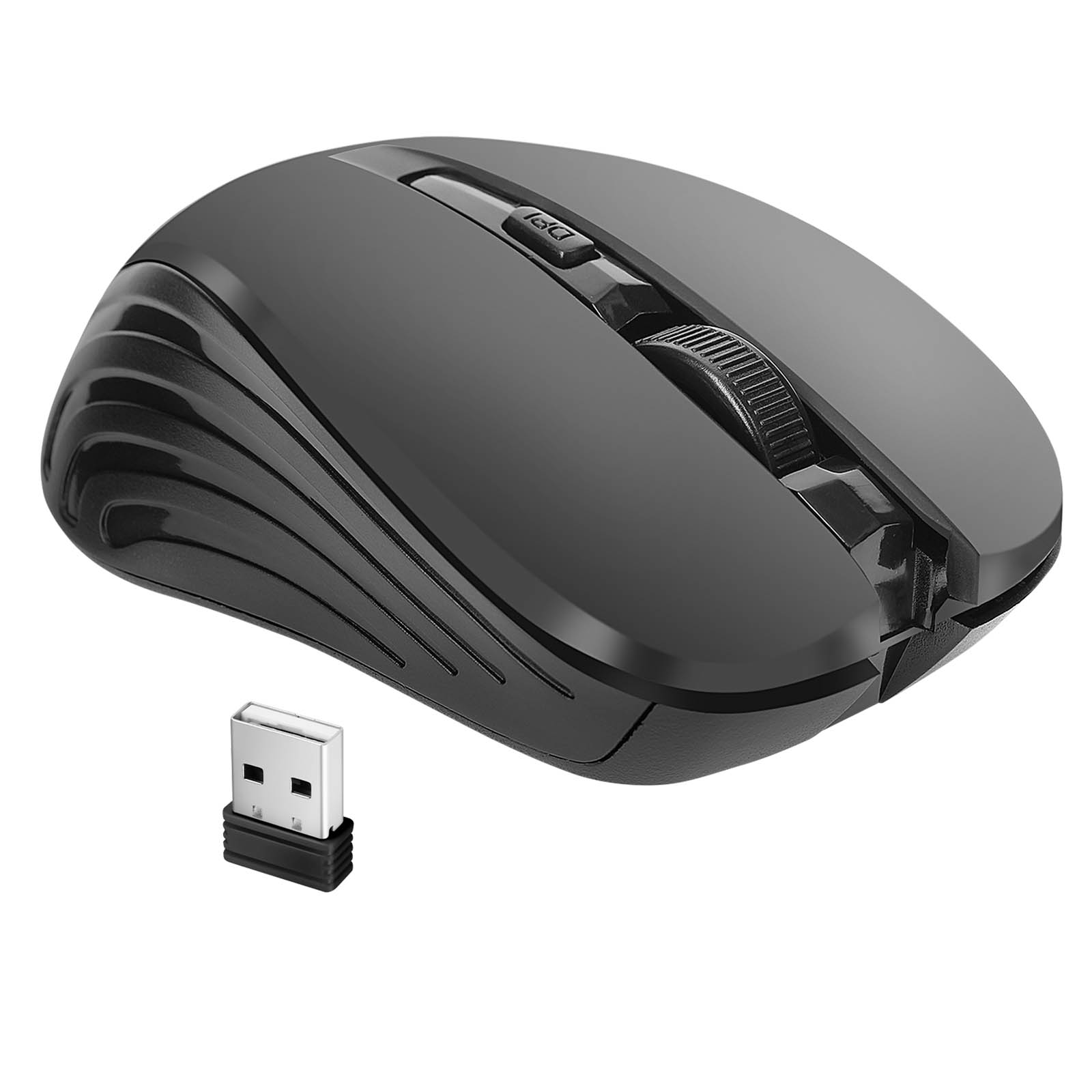 Un mouse per computer wireless nero con ricevitore USB. Ha una rotellina e un pulsante DPI.