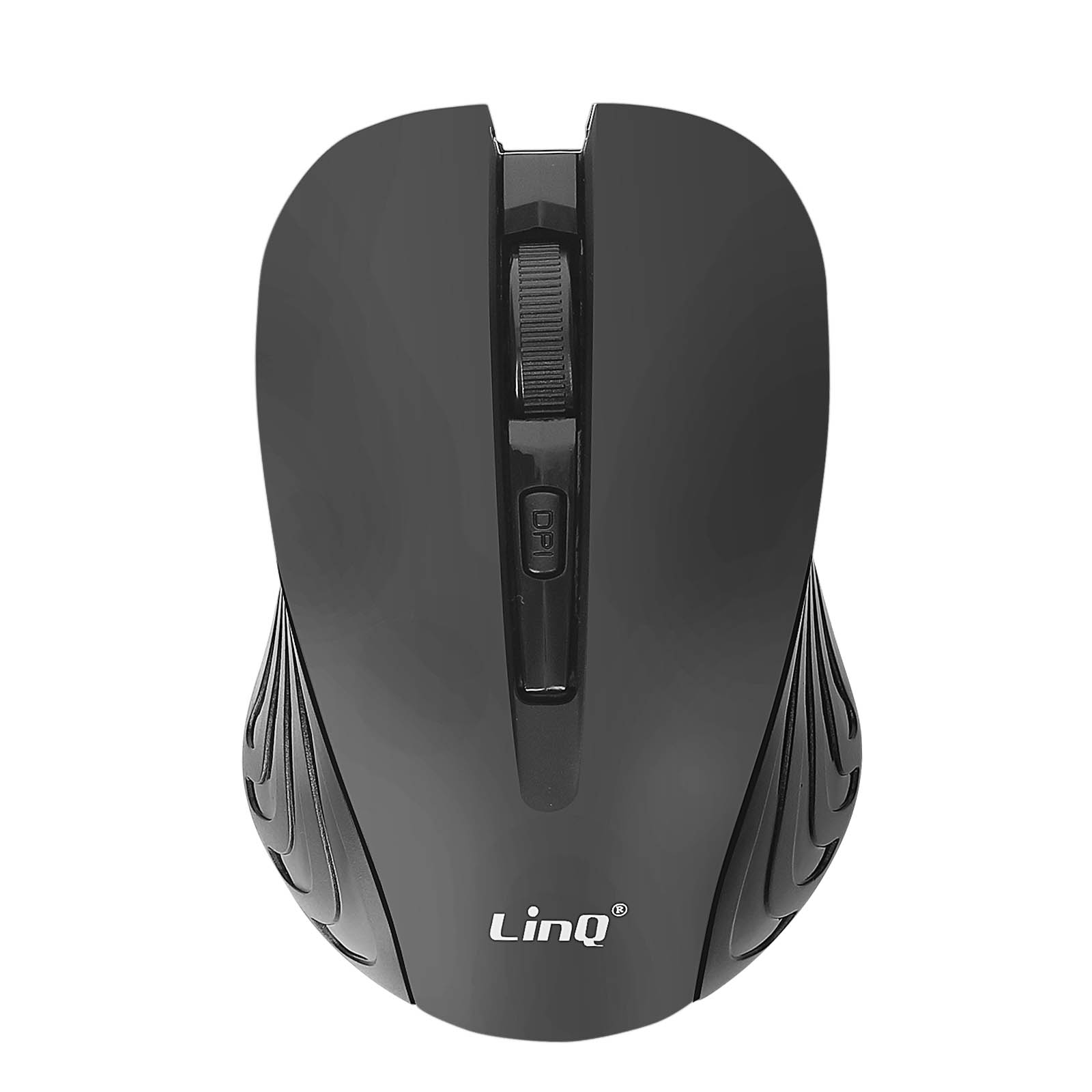 Un mouse per computer nero su sfondo bianco. Ha una rotella e un pulsante DPI. Il marchio è LinQ.