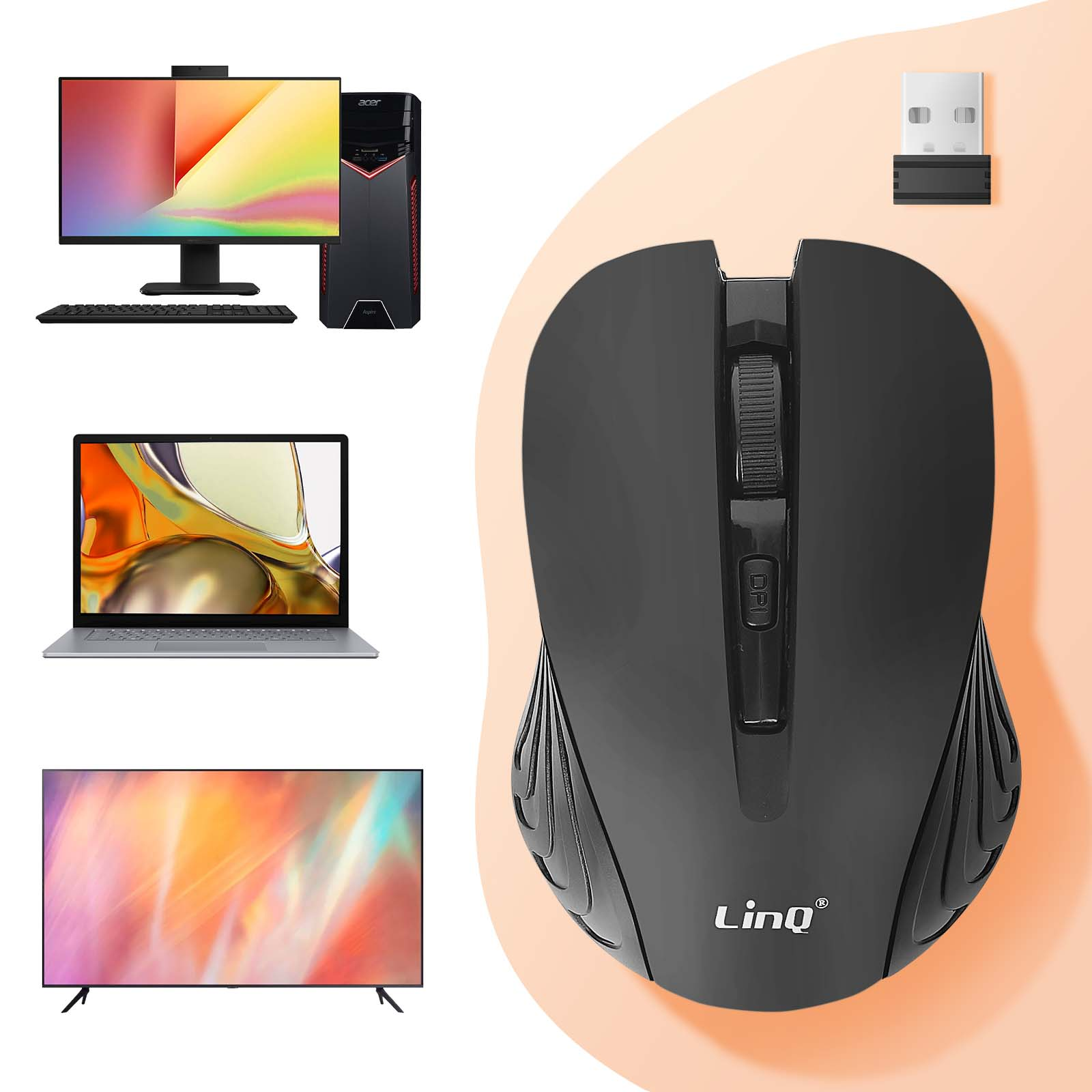 Mouse nero con ricevitore USB, con monitor, computer desktop, laptop e TV su sfondo color pesca.