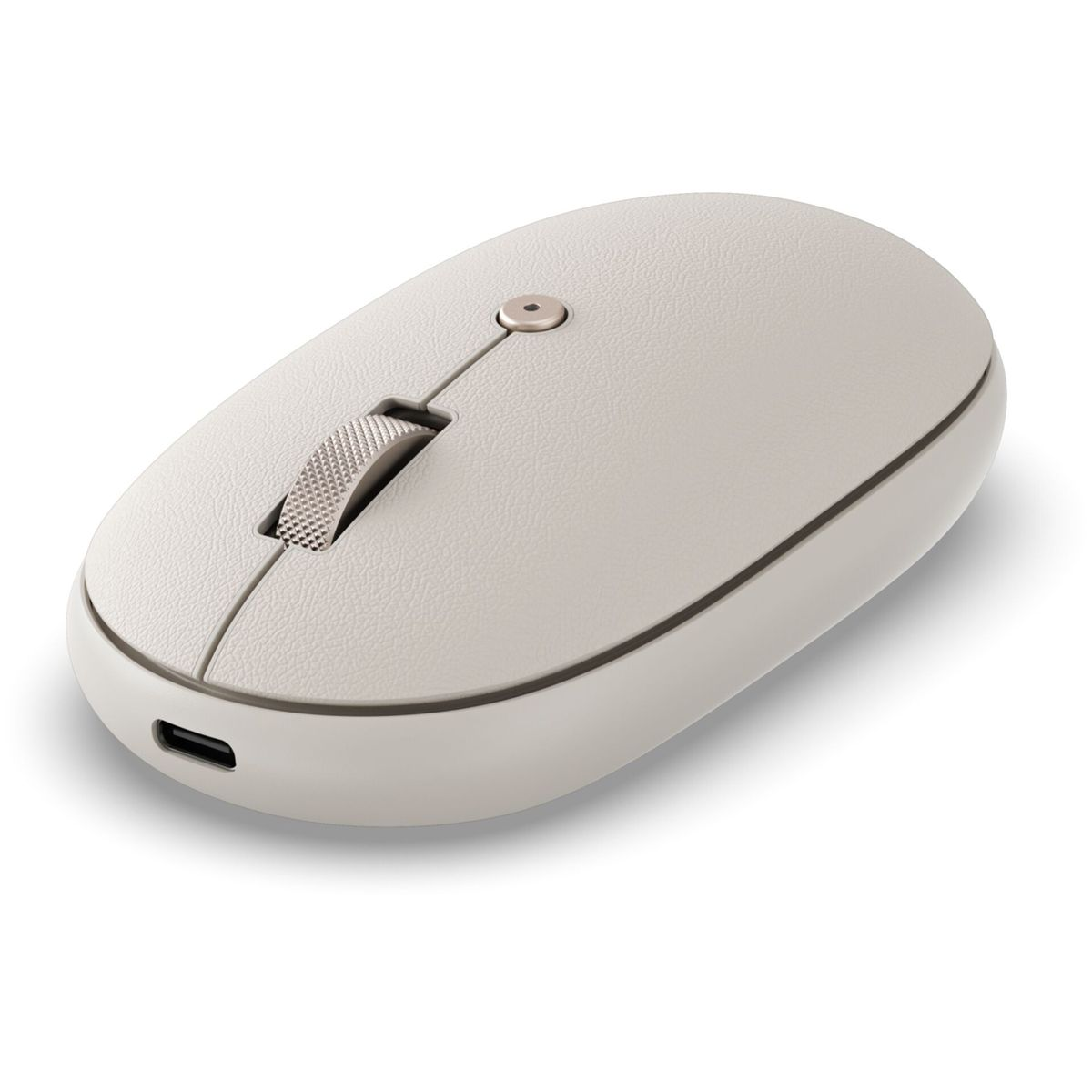 Un mouse per computer wireless beige, con rotella e porta USB-C, su sfondo bianco, illuminato dall'alto a sinistra.