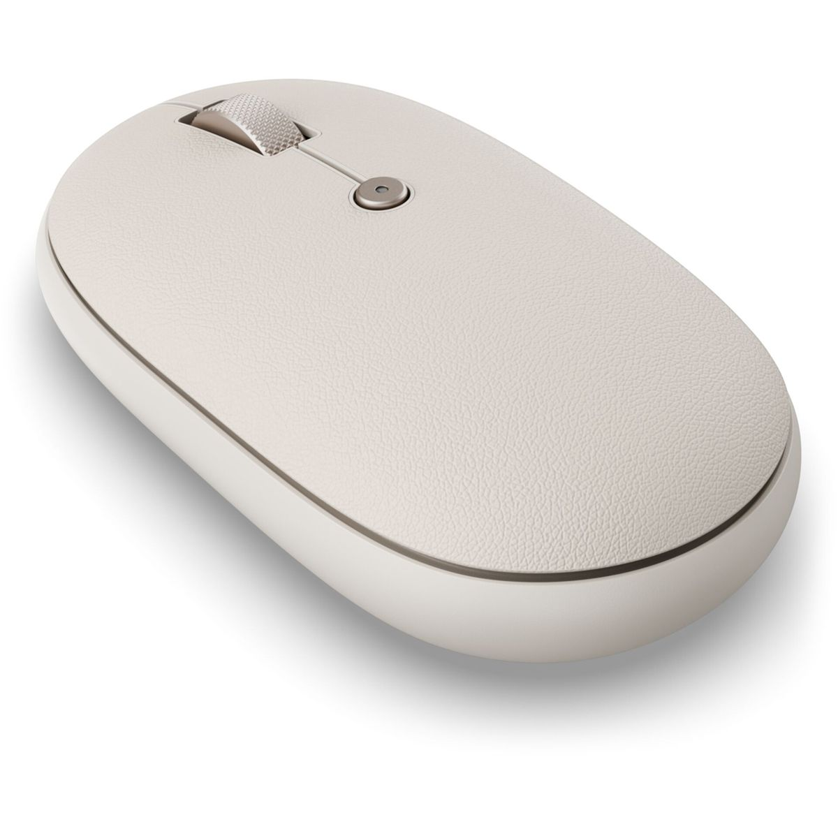 Un mouse wireless color crema. Ha una parte superiore strutturata, una rotella e un pulsante. La base è bianca, con bordi grigio scuro.
