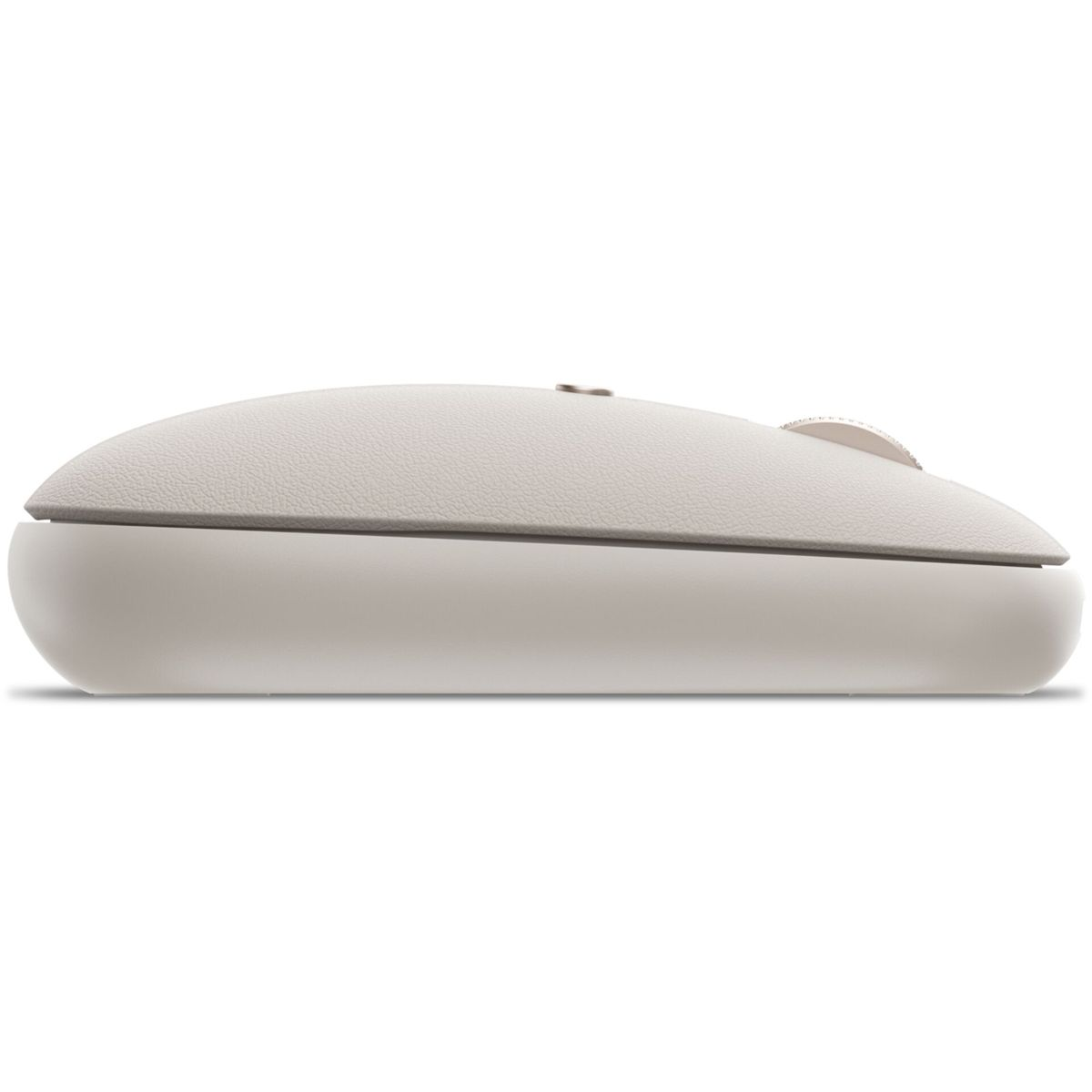 Vista laterale di un mouse wireless grigio chiaro. Il mouse ha una base liscia e una parte superiore strutturata, con rotella e pulsante.
