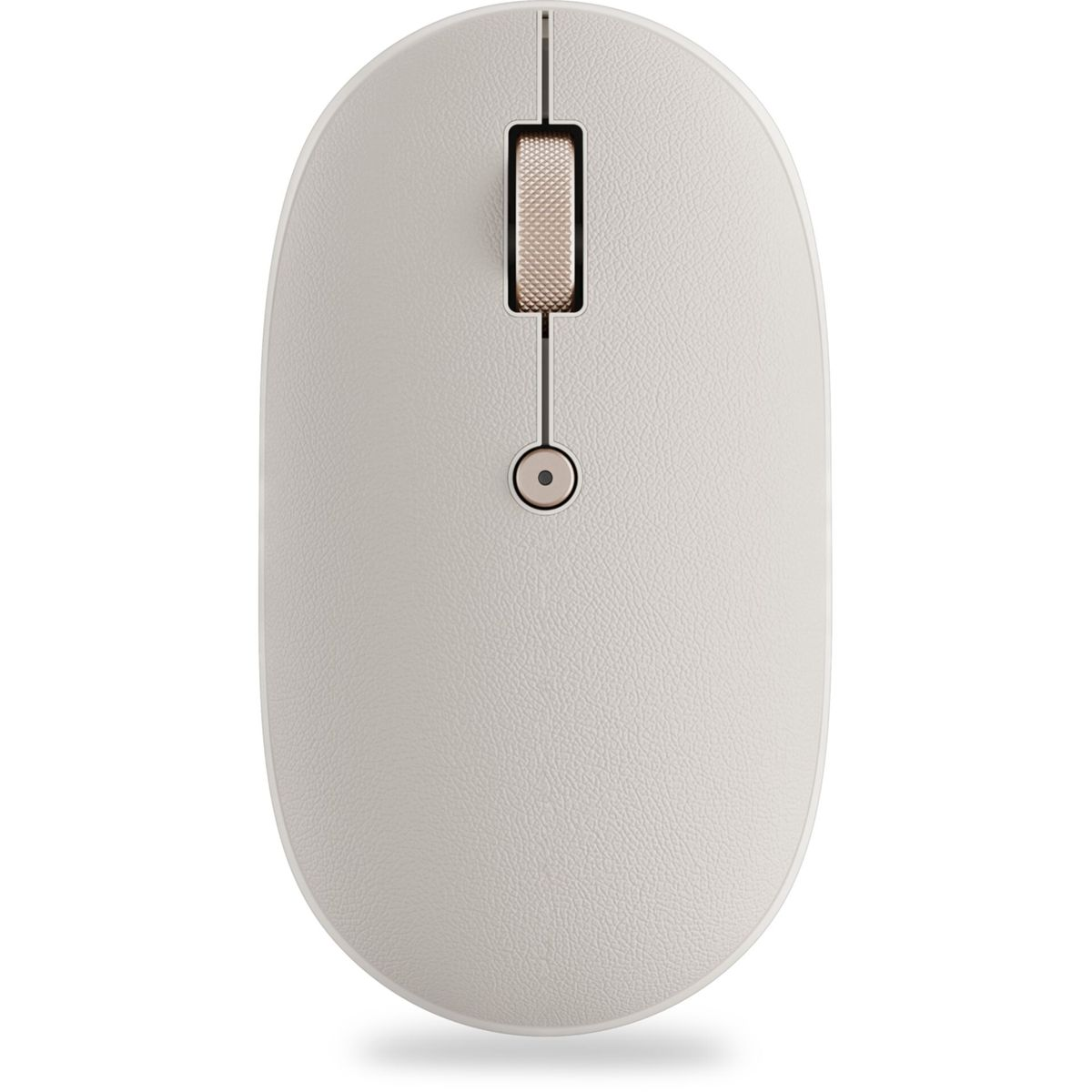 Un mouse per computer ovale bianco con una rotella e un pulsante. Il mouse è su sfondo bianco.