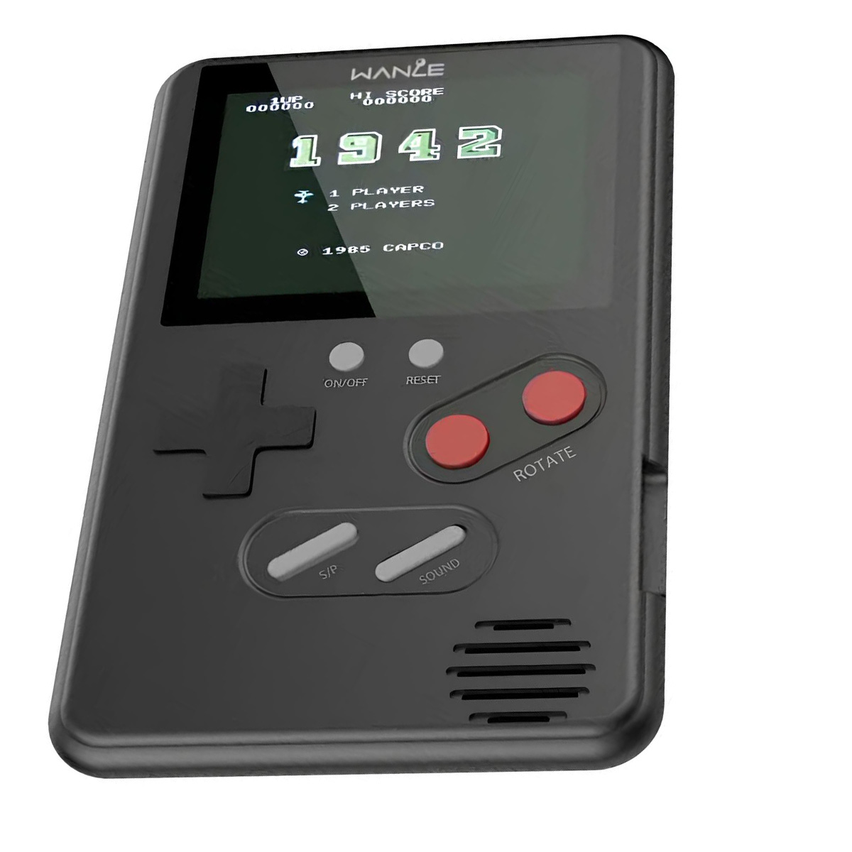 Una consola de juegos portátil negra con botones rojos, mostrando el juego 1942. Tiene botones y una pantalla.