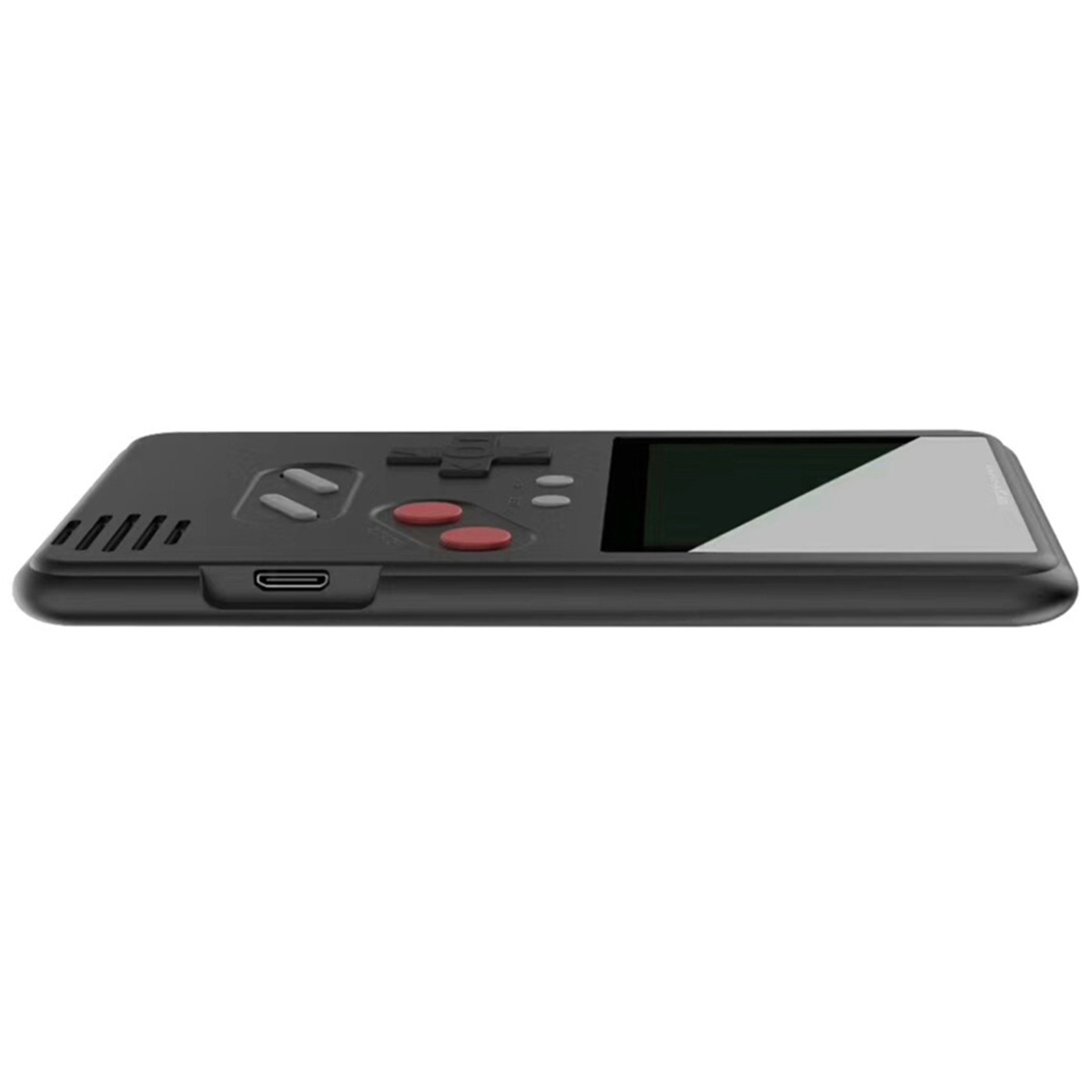 Una consola de juegos portátil negra con botones rojos, una pantalla y un puerto de carga. Se muestra en ángulo.