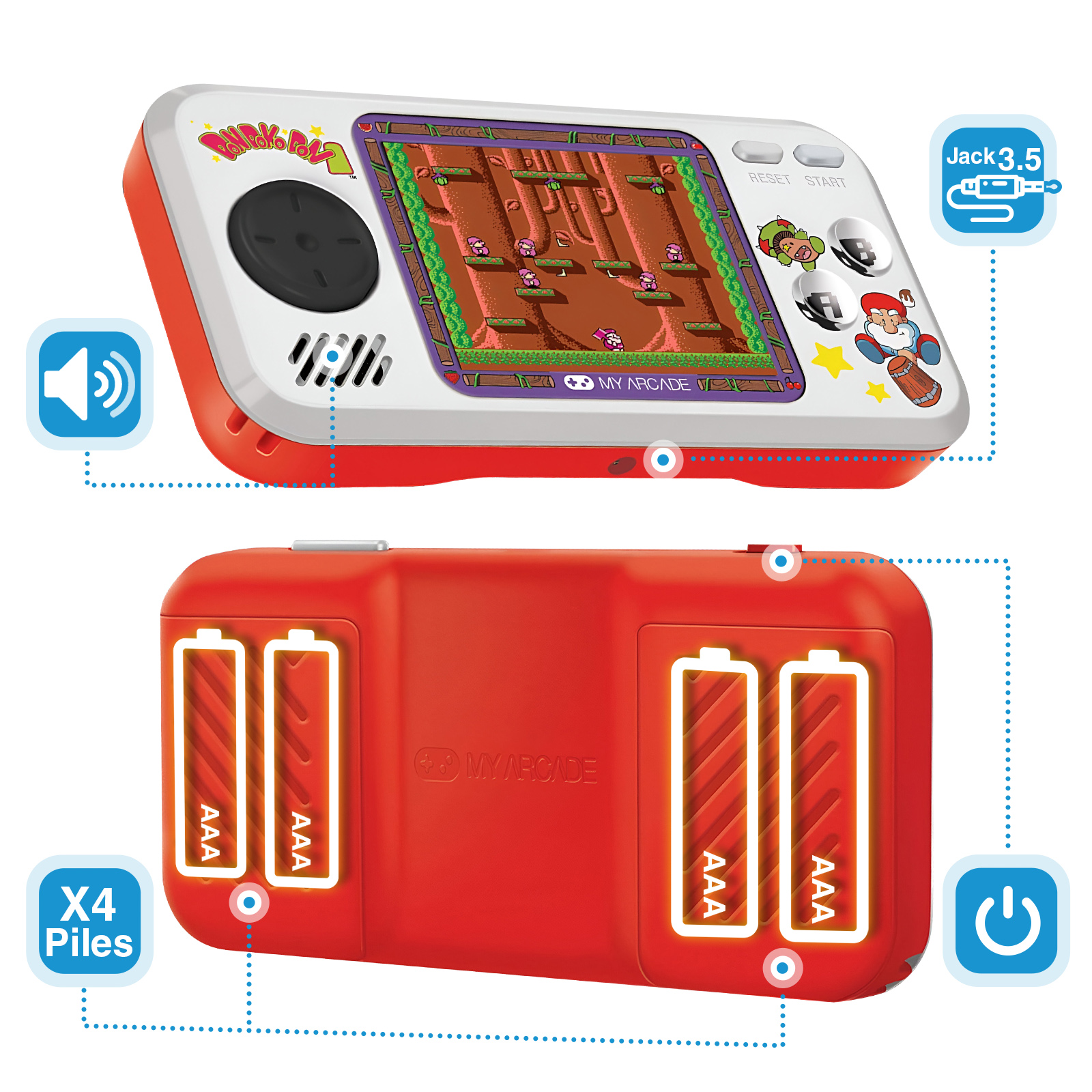 Una console di gioco My Arcade rossa e bianca mostra uno schermo di gioco. Ha pulsanti, un altoparlante e un vano batteria.