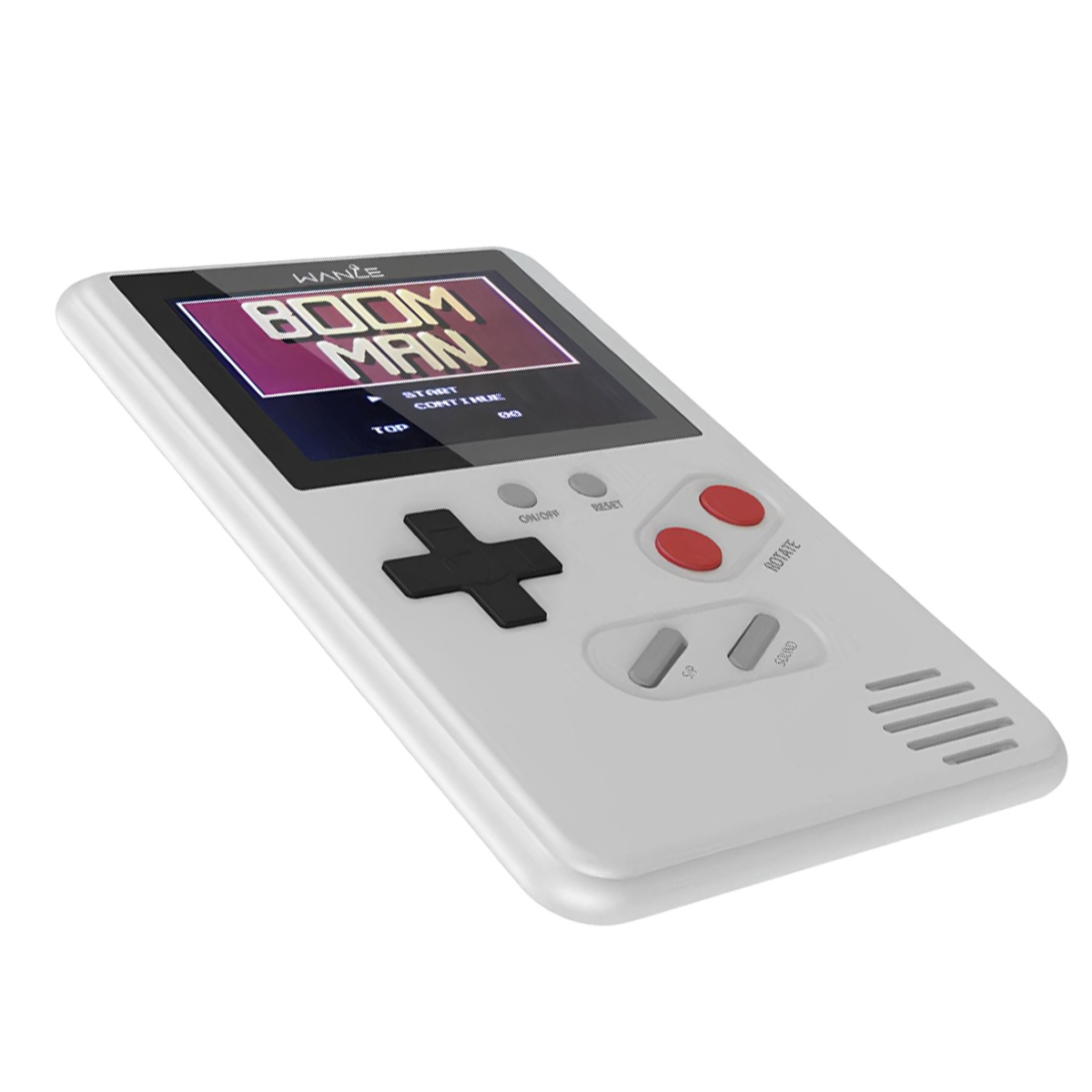 Una consola de juegos portátil blanca muestra "BOOM MAN". Tiene botones, una cruceta y una pantalla.