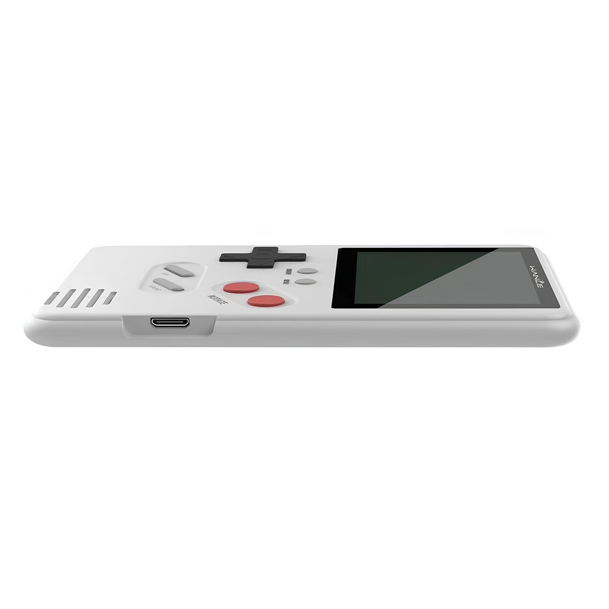 Una consola de juegos portátil blanca con pantalla negra y botones rojos. La consola tiene un mando direccional y botones de función.