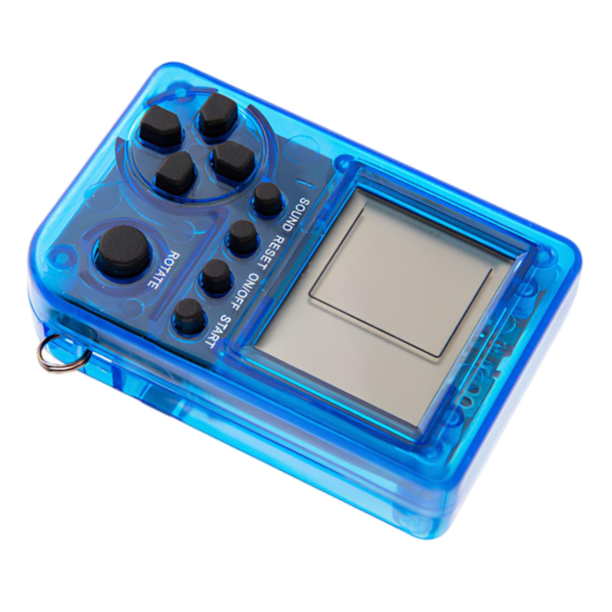 Una consola de juegos portátil azul. Tiene botones negros, una pantalla y un pequeño lazo de metal. La carcasa es transparente.