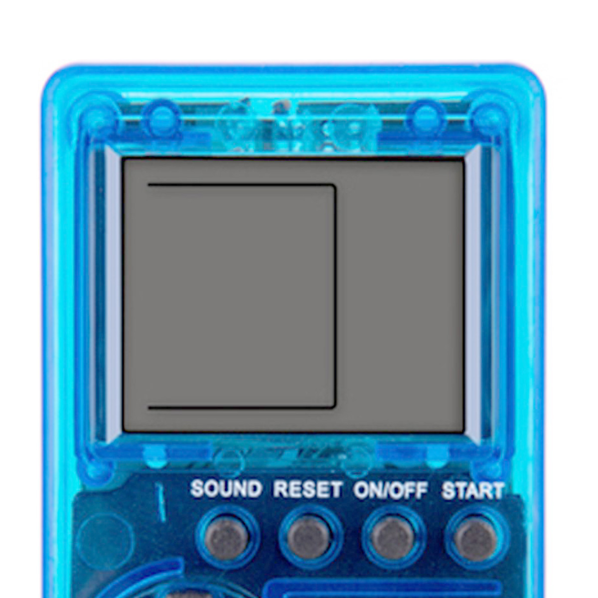 Primer plano de una consola de juegos azul. La pantalla muestra una forma negra. Debajo, botones con 'SOUND', 'RESET', 'ON/OFF' y 'START'.