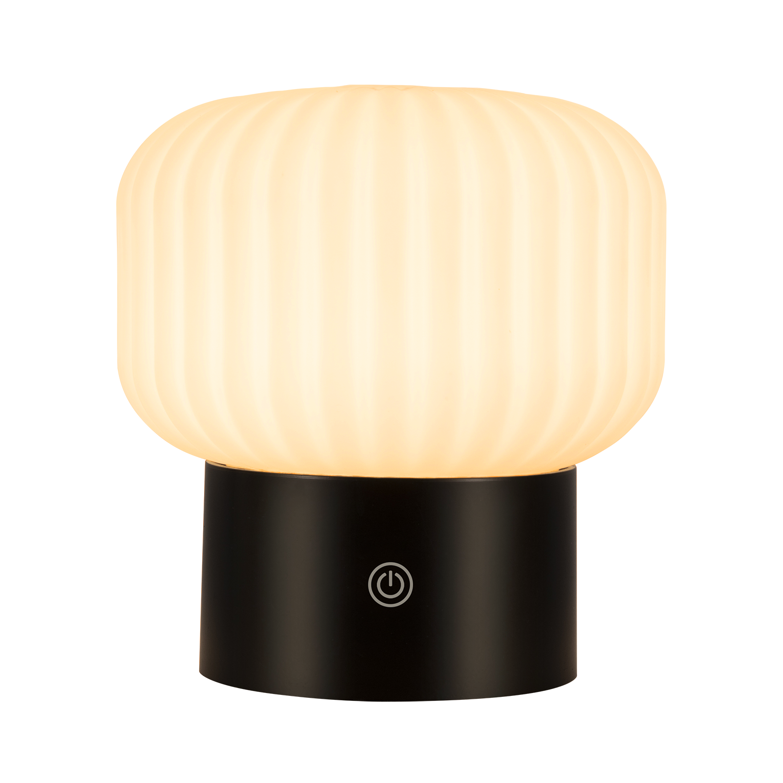 Nowoczesna lampa z żebrowanym, kremowym kloszem i czarną podstawą z symbolem włącznika.