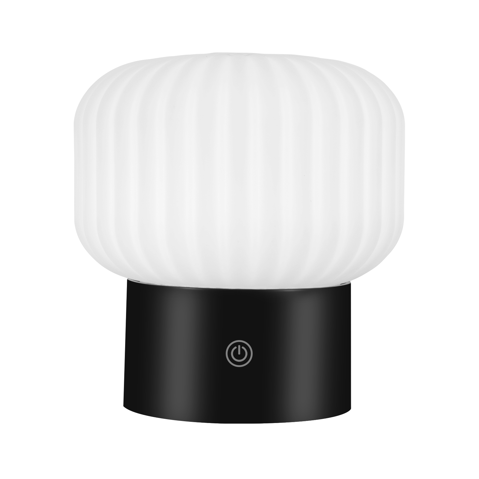Biała, żebrowana lampa z czarną podstawą. Podstawa ma przycisk zasilania.