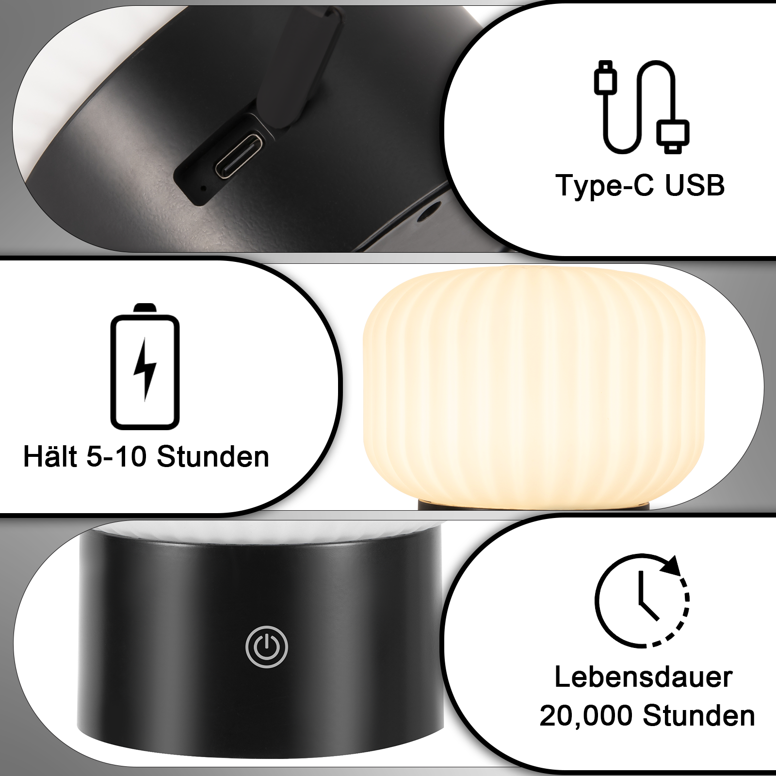 Obraz przedstawia lampę z portem USB typu C, ikoną baterii z 5-10 godzinami i żywotnością 20 000 godzin.