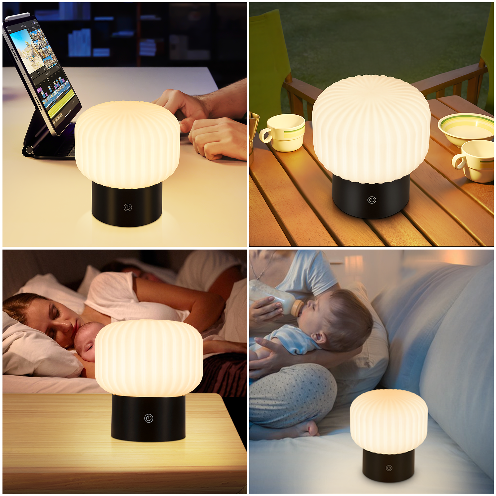 Świecąca lampa z żebrowanym kloszem i czarną podstawą. Jest używana na stole obok tabletu, w ogrodzie i w sypialni.