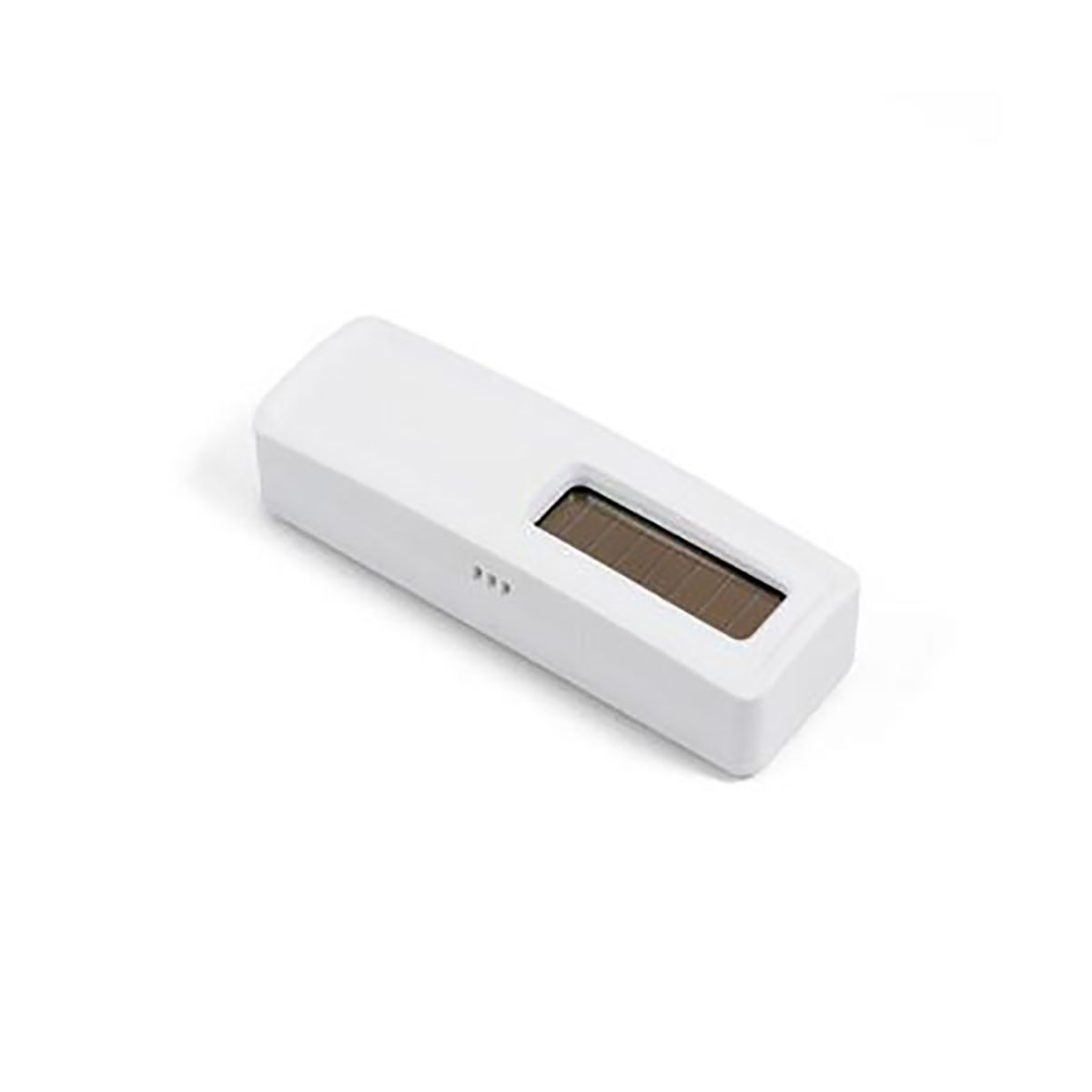 Un dispositivo rettangolare bianco con un display rettangolare marrone. Sono visibili tre piccoli punti. Il dispositivo è su una superficie bianca.