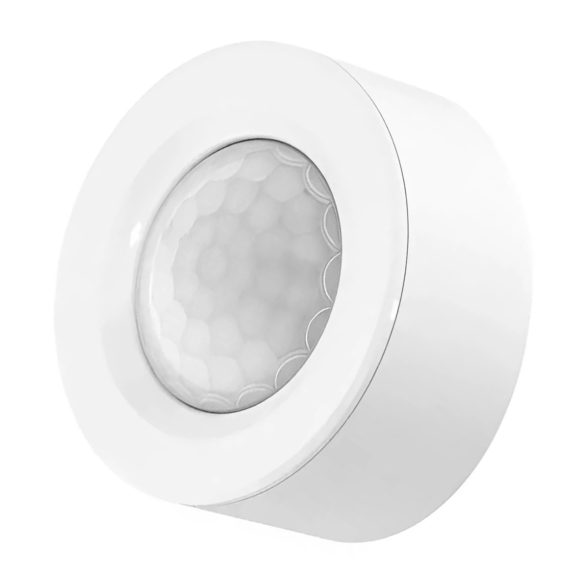 Un sensore di movimento bianco e rotondo. Ha una lente a nido d'ape al centro e un design curvo. Lo sfondo è bianco.