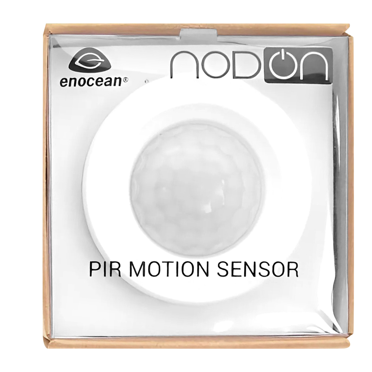 Sensore di movimento PIR NodOn bianco in una scatola. Il sensore ha una cupola bianca ed è etichettato 'PIR MOTION SENSOR'.