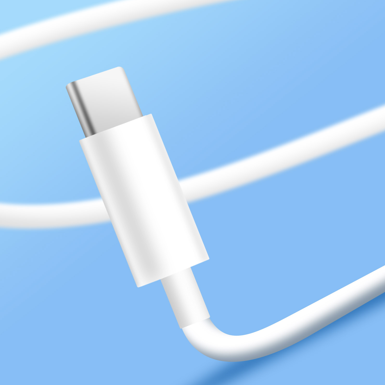 Un cavo di ricarica USB-C bianco su sfondo blu. Il cavo è curvo e ha un connettore metallico.