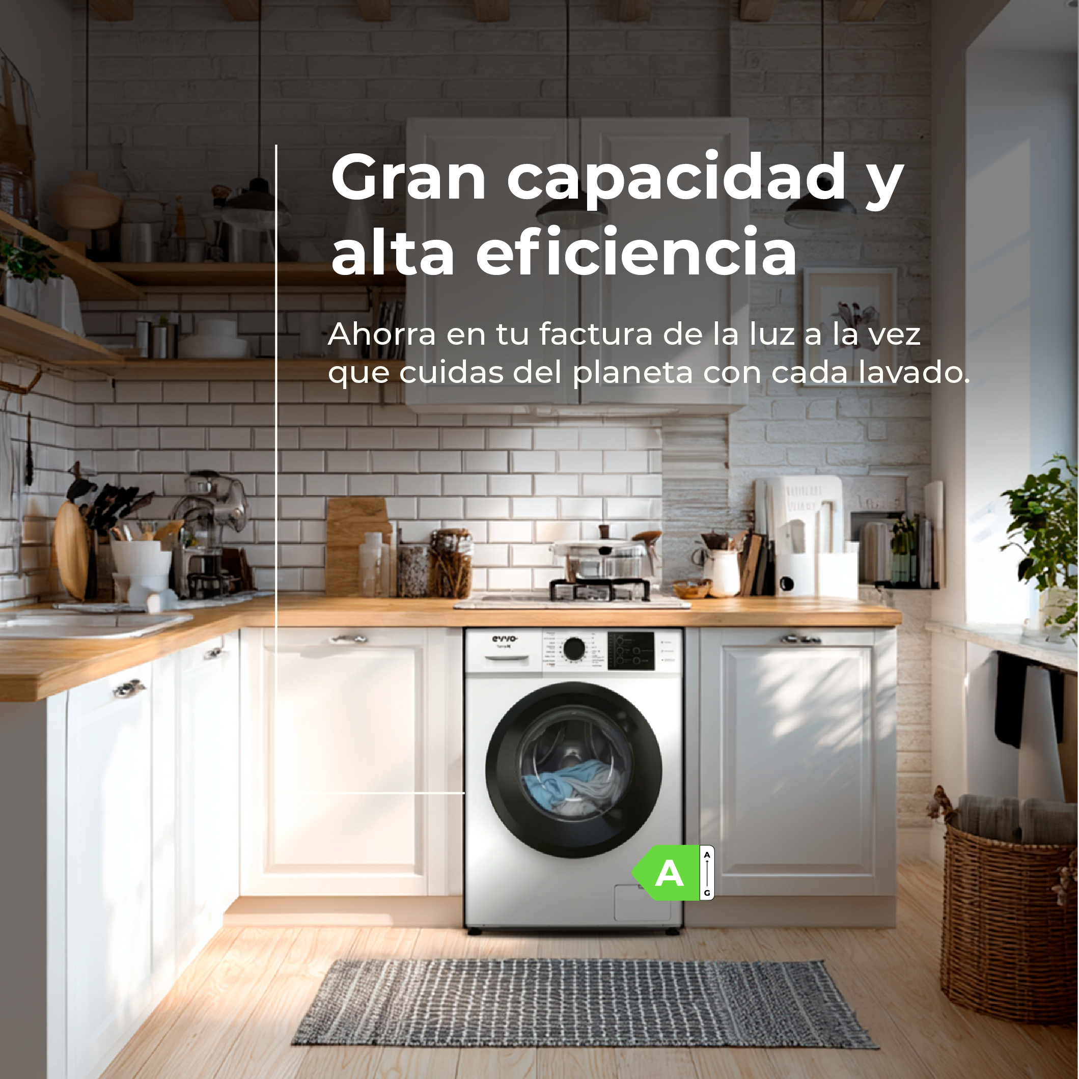 Una cocina con lavadora, el texto dice 'Gran capacidad y alta eficiencia'. Una etiqueta energética verde A.