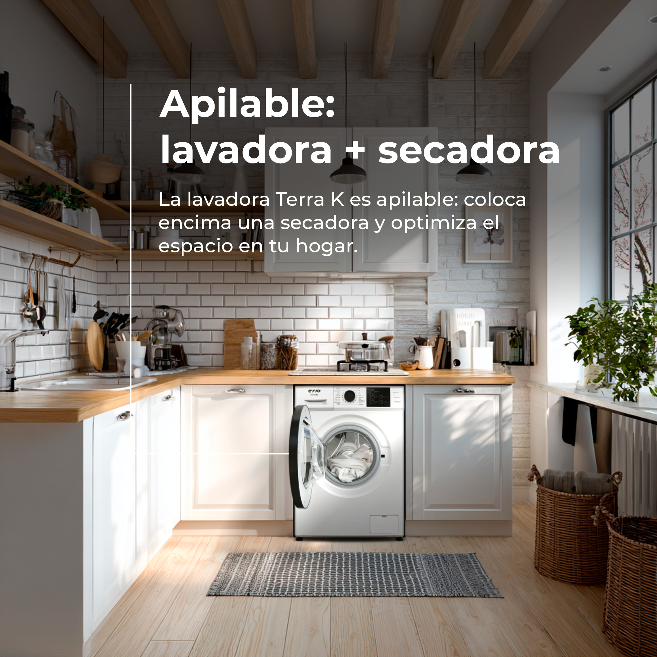 Una cocina con gabinetes blancos, una lavadora y pisos de madera. El texto dice 'apilable: lavadora + secadora'.