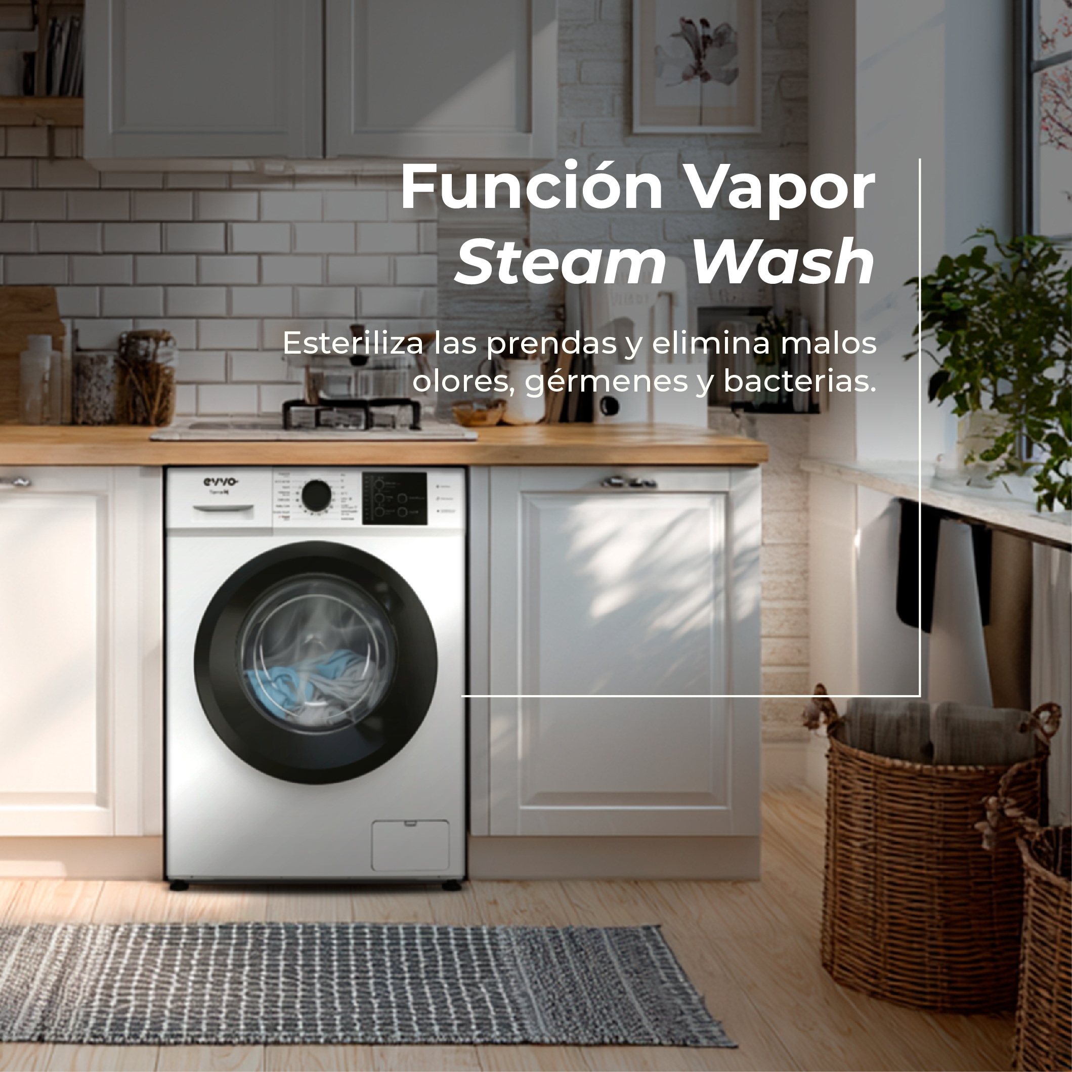 Una lavadora blanca en una cocina. El texto dice: Vapor Wash. La máquina está junto a una encimera de madera.