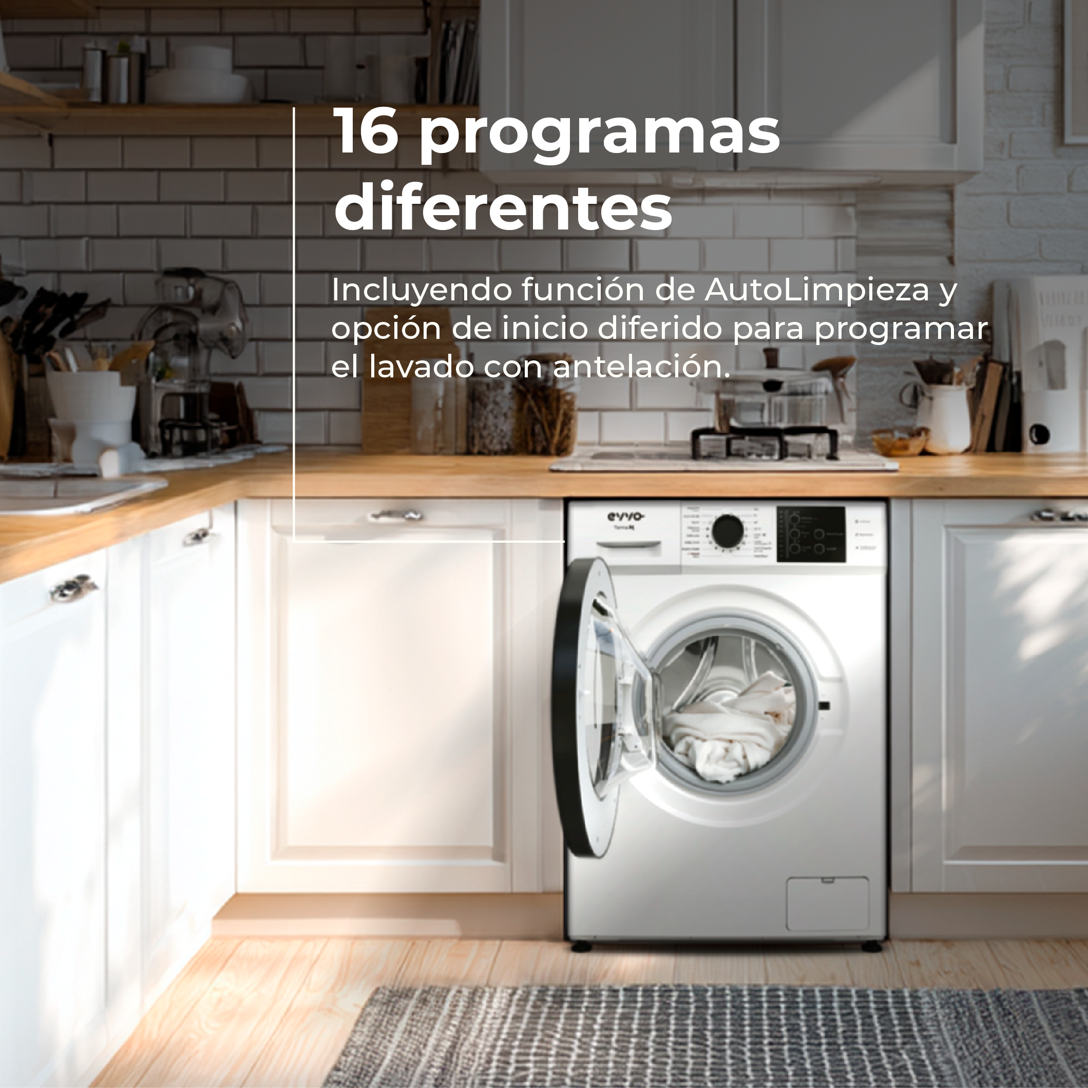 Una lavadora blanca con la puerta abierta en una cocina. Texto en español describe características.