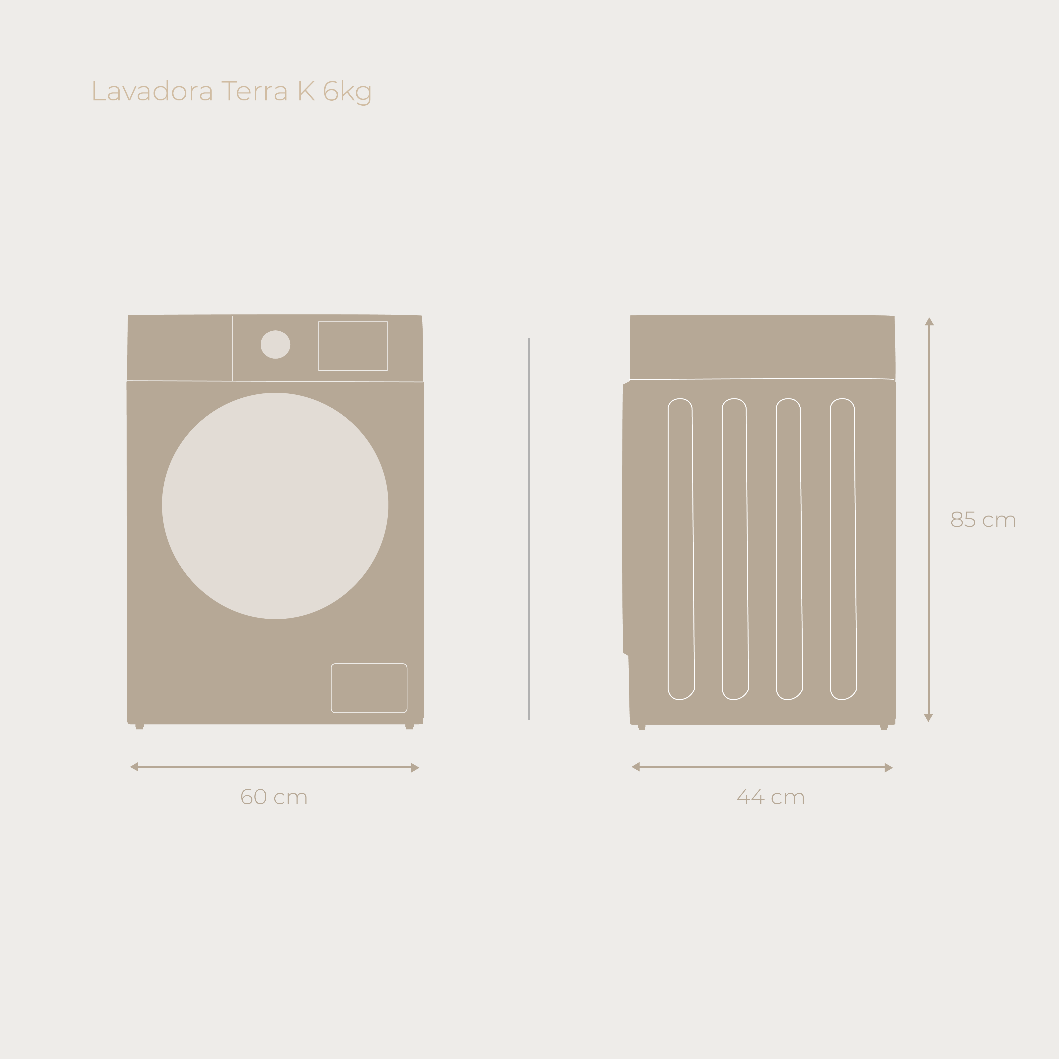 Diagrama de lavadora. Muestra vistas frontal y lateral con dimensiones: 60 cm, 44 cm y 85 cm.