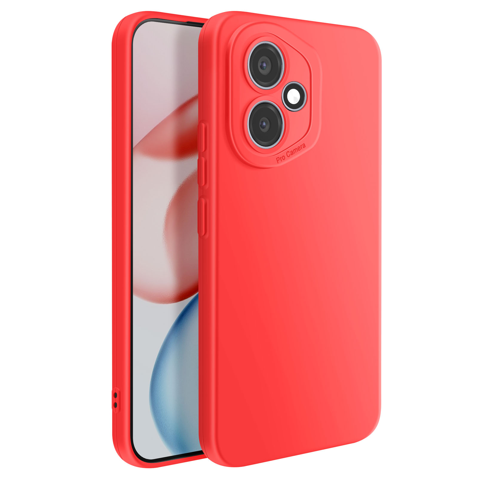 Une coque de téléphone rouge avec un téléphone à l'intérieur. La coque a des découpes pour l'appareil photo et des boutons. L'écran du téléphone affiche un design flou.