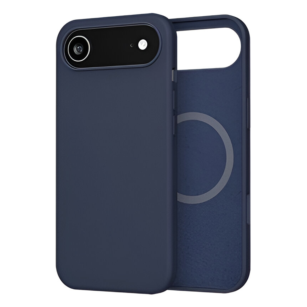 Custodia per telefono blu scuro, parzialmente aperta, che mostra un interno blu più chiaro con un design circolare. Dettagli della fotocamera visibili.