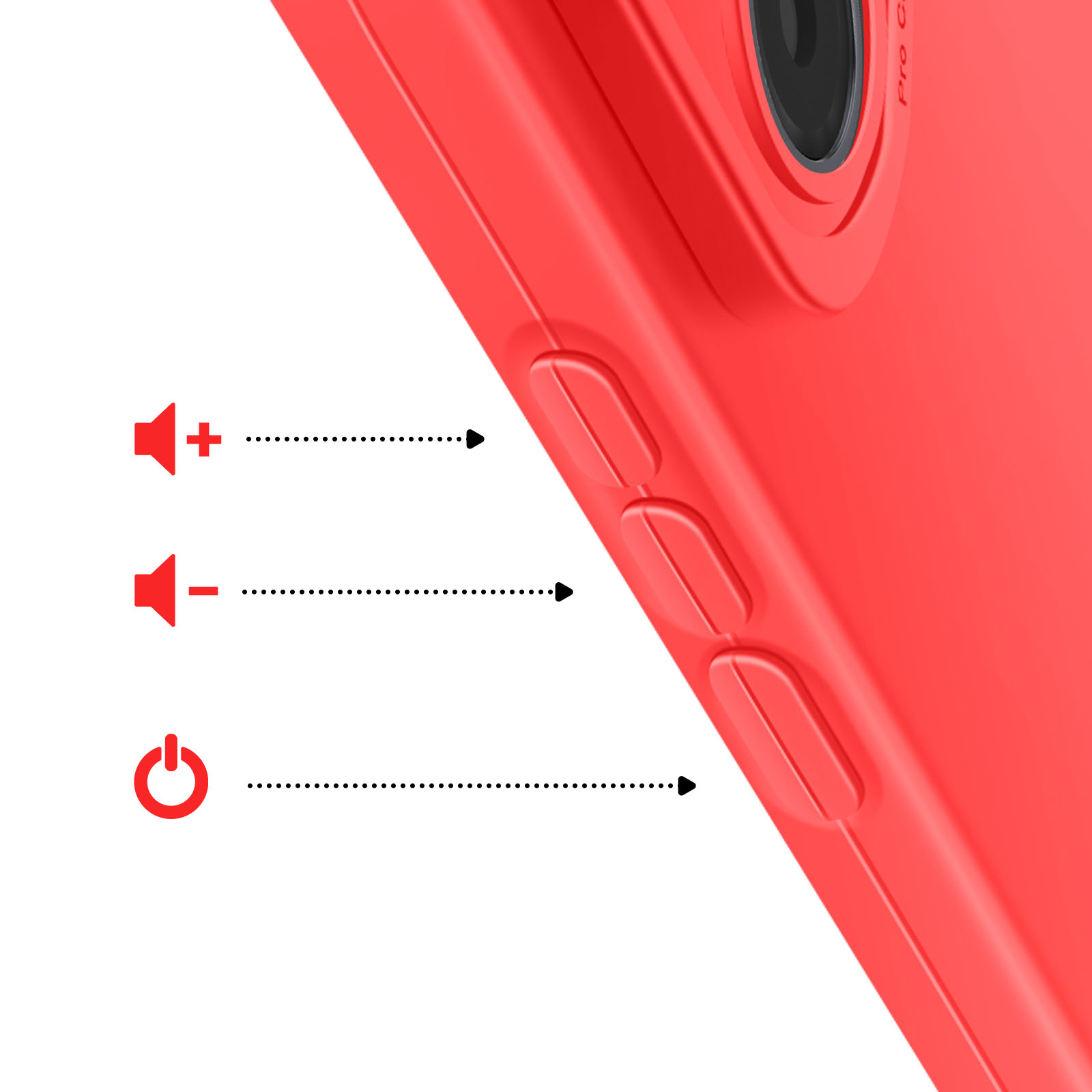 Téléphone rouge avec icônes de volume et d'alimentation. Les flèches pointent vers les boutons latéraux. Le téléphone a un objectif.